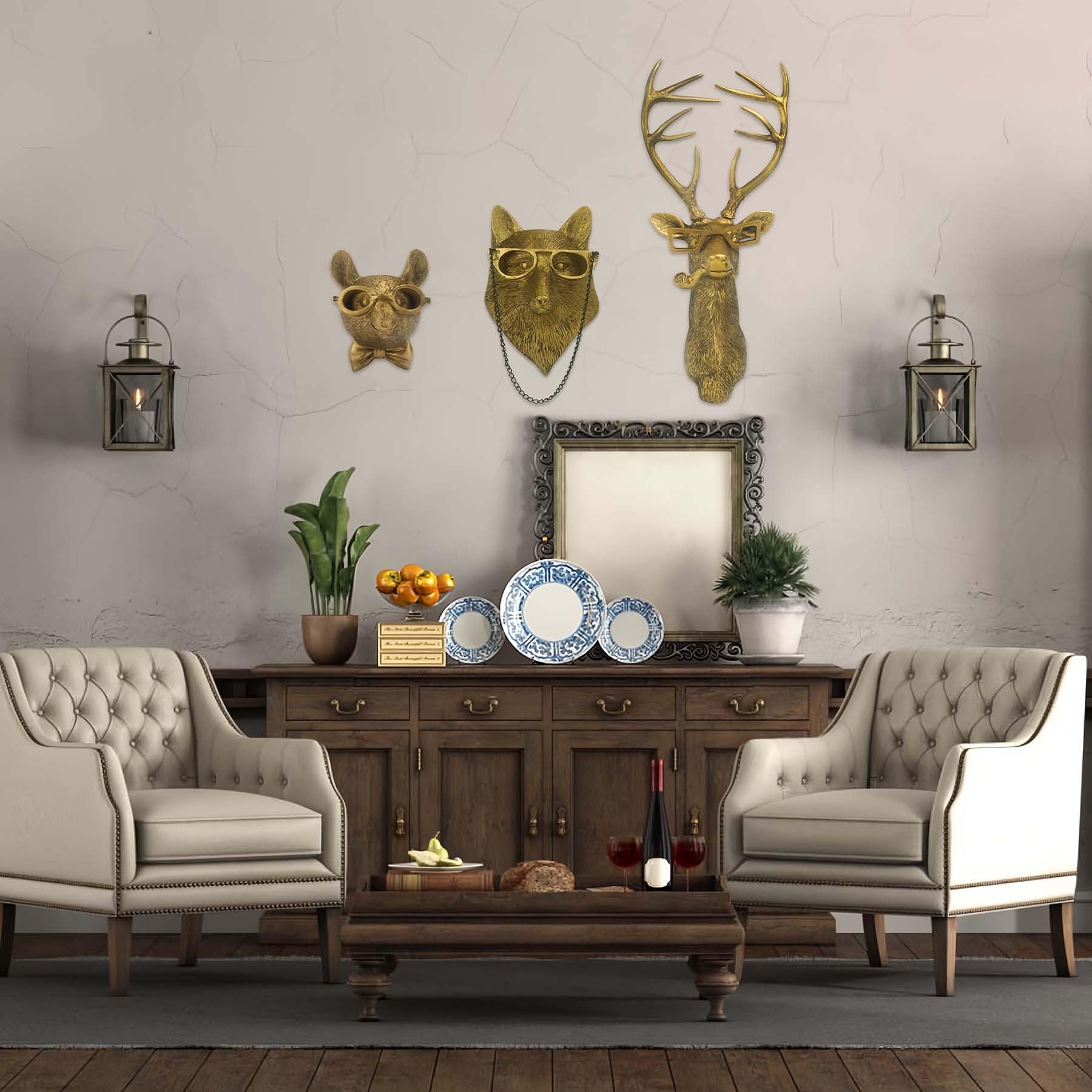 Juedawyal Animal Head Wall Art Decor,Fox Head Resin Animal Wall Art Decor Bronzed Wall Hanging Ornaments Art Wall Sculptures Home Decoration Statue Gifts for Living Room Bedroom