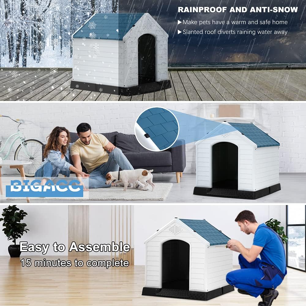 Plastic Dog House, Big Dog House Water Resistant Dog Kennel with Air Vents and Elevated Floor for Large Medium Small Dogs, All Weather Indoor Outdoor Extra Large Dog House, Puppy Shelter
