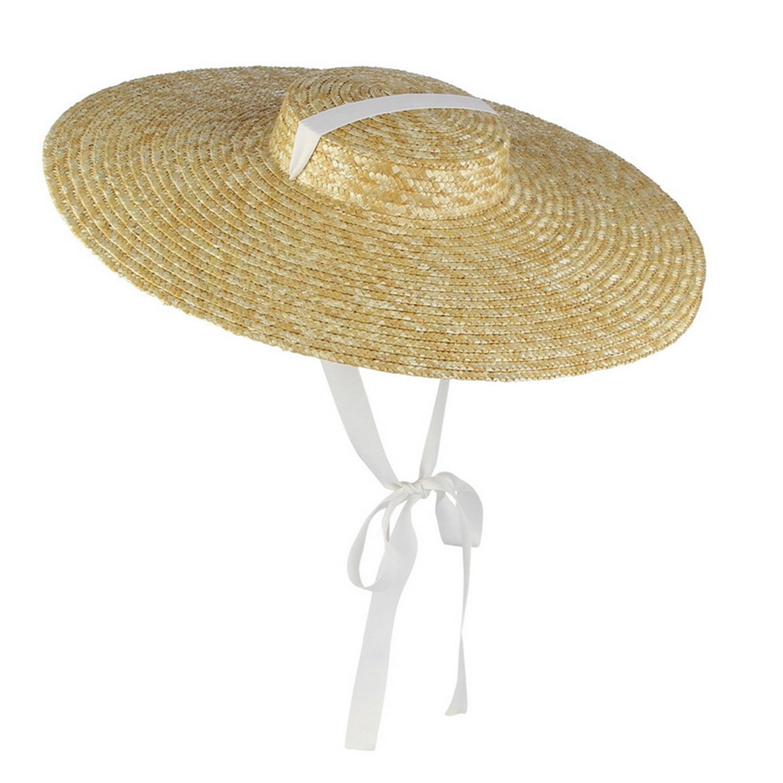 Sombrero grande de paja natural de verano para mujer, hecho a mano, de ala ancha, visera de playa, parte superior plana con cinta larga con cordones, sombrero de sol