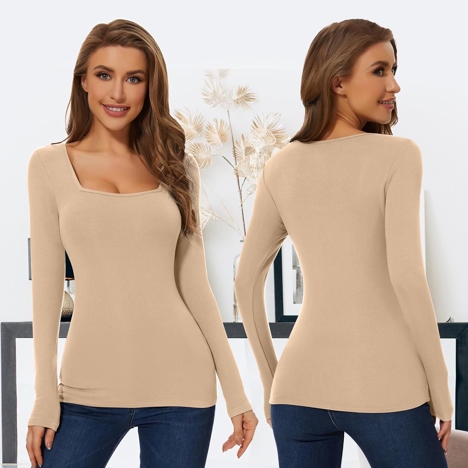 WOWENY Womens Long Sleeve Thermal Shirts Square Neck T Shirts Underwear Tops Basic Fitted Tees - Image 2