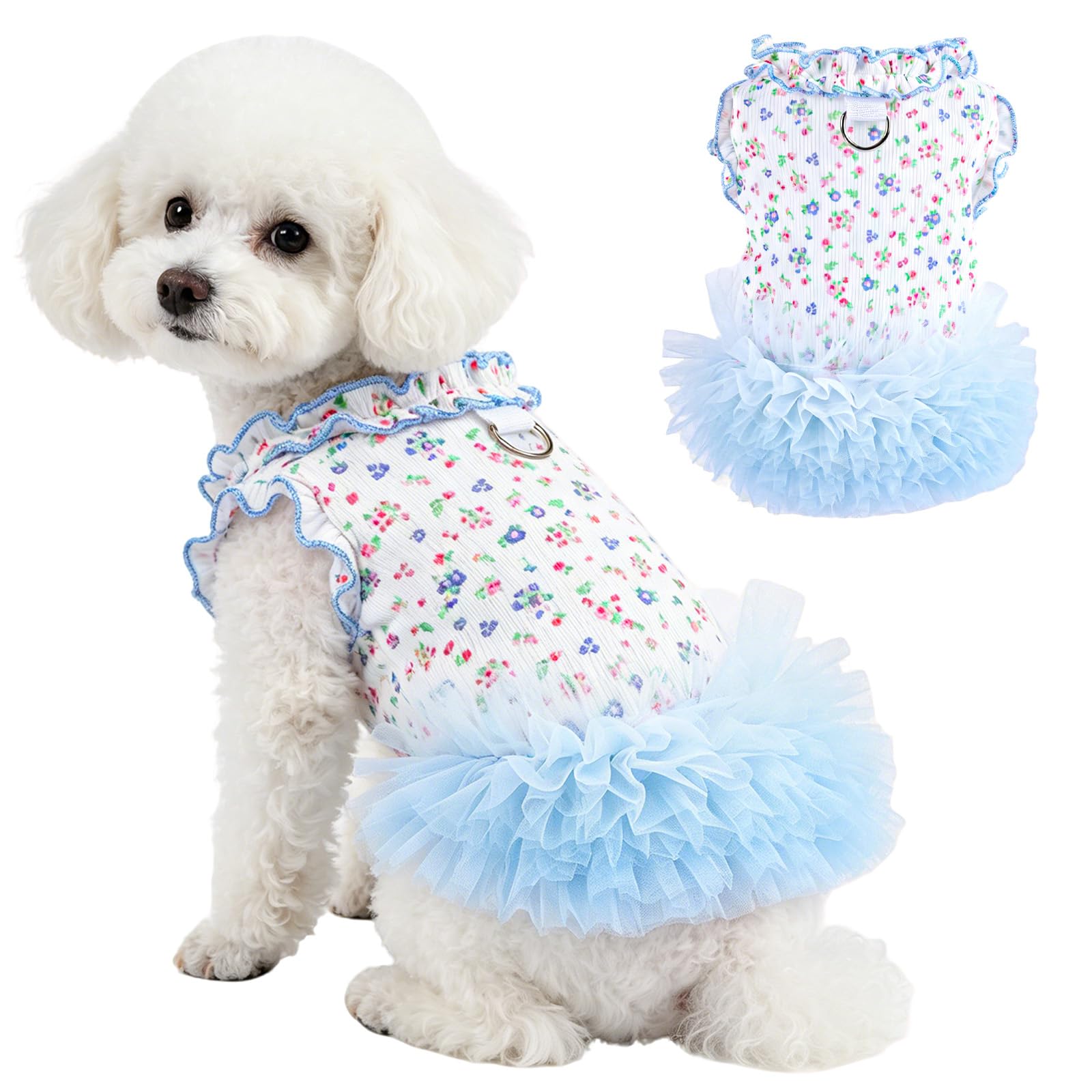 Yoolhamy Floral Tulle Dress for Small Dog Cat Summer Princess Puppy Clothes with D-Ring Ruffle Mesh Tutu Pet Skirt for Teddy Bichon Chihuahua (Blue, M)