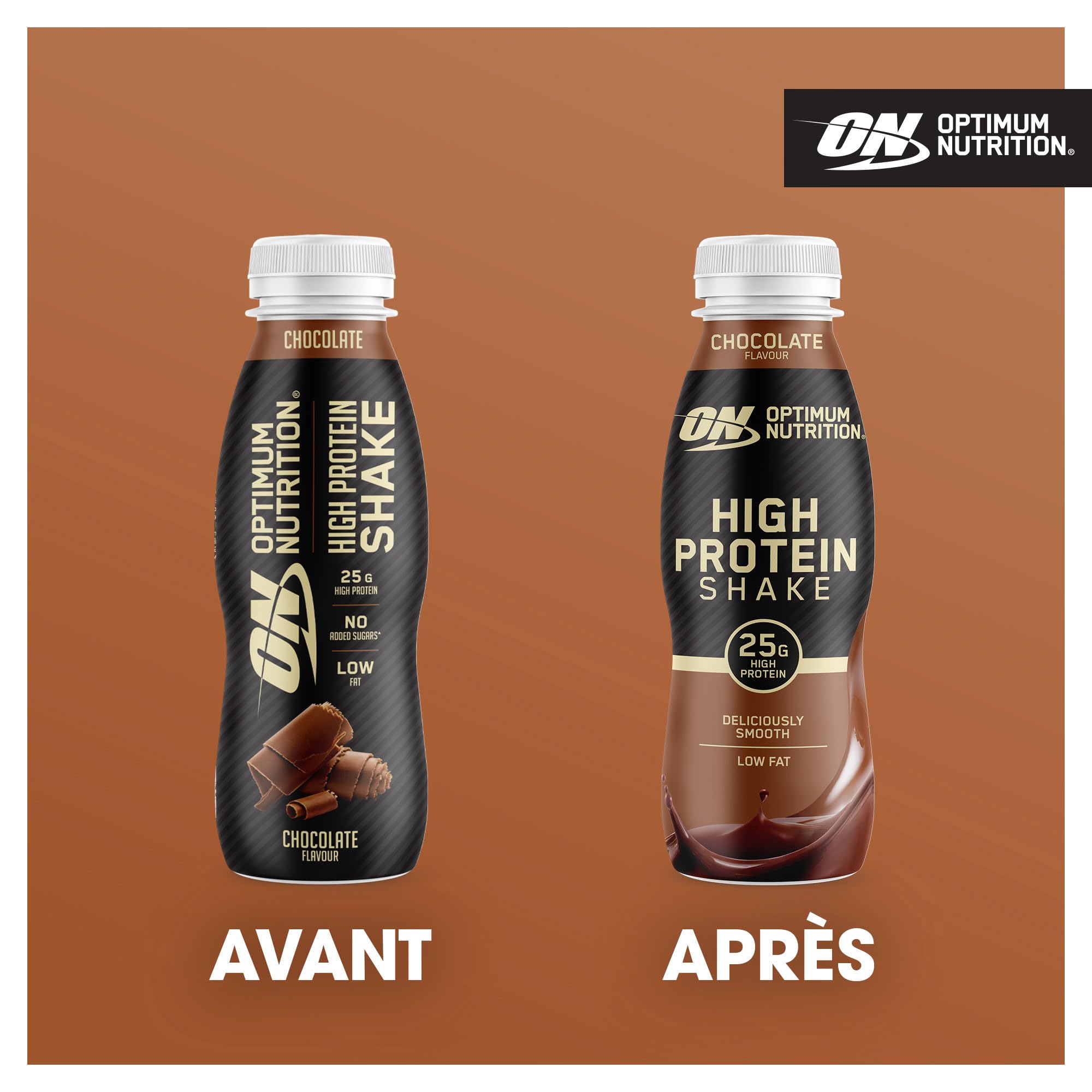 Optimum Nutrition Cocktails riches en protéines – Boisson prête à boire sans sucre ajoutée, faible en gras, pour hommes et femmes, pour la consommation après l'entraînement, chocolat, 12 x 330 ml