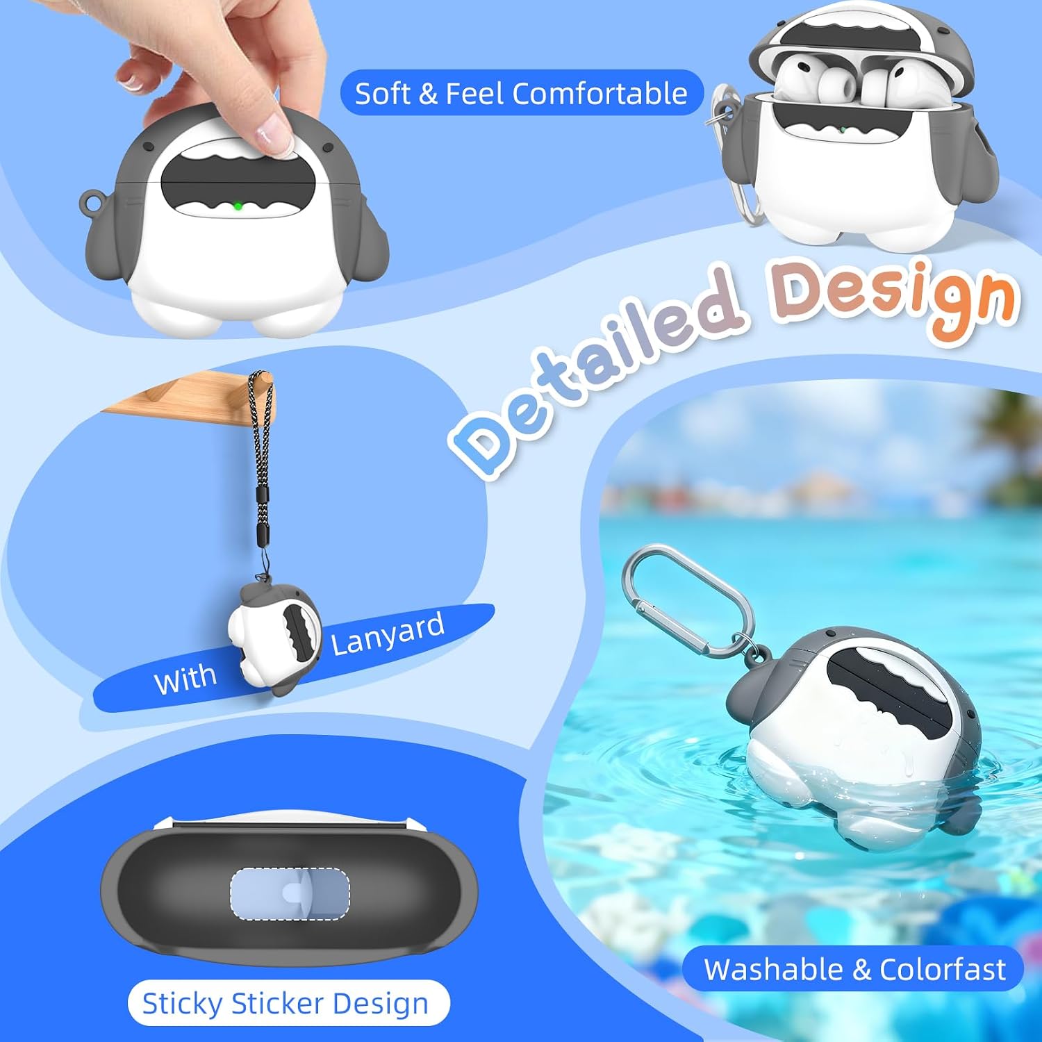 Funny Cover for AirPods Pro 3 Case Cute (2025), Soft Silicone Shockproof Protection 3D Cartoon Case for AirPods Pro 3rd Generation Cute Airpod pro 3 case with Carabiner & Cleaner Kit (Shark)