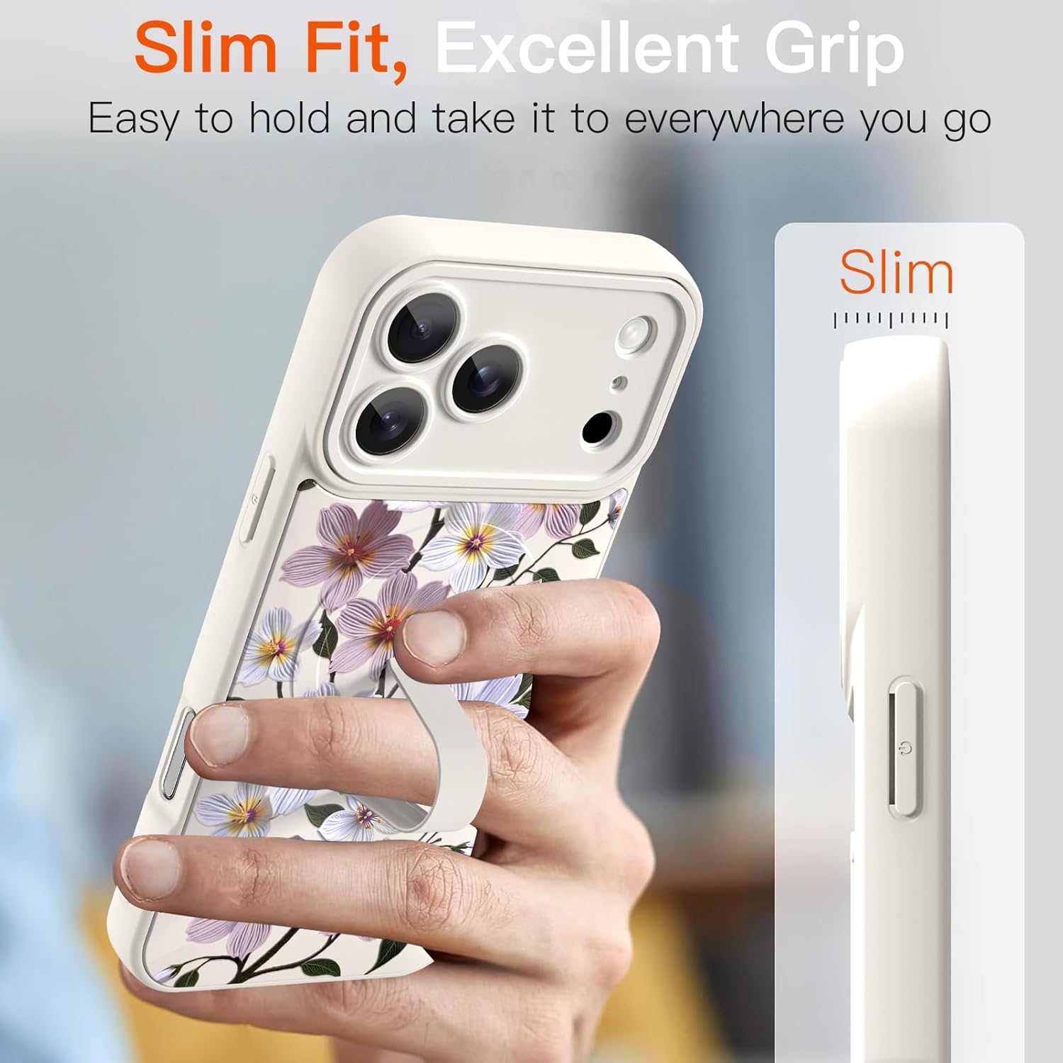 Magnetic Case for iPhone 17 Pro with Finger Hand Strap Kickstand [Compatible with Magsafe] White Floral Flowers Pattern for Women Man,Slim Full Camera Protection Shockproof Phone Case