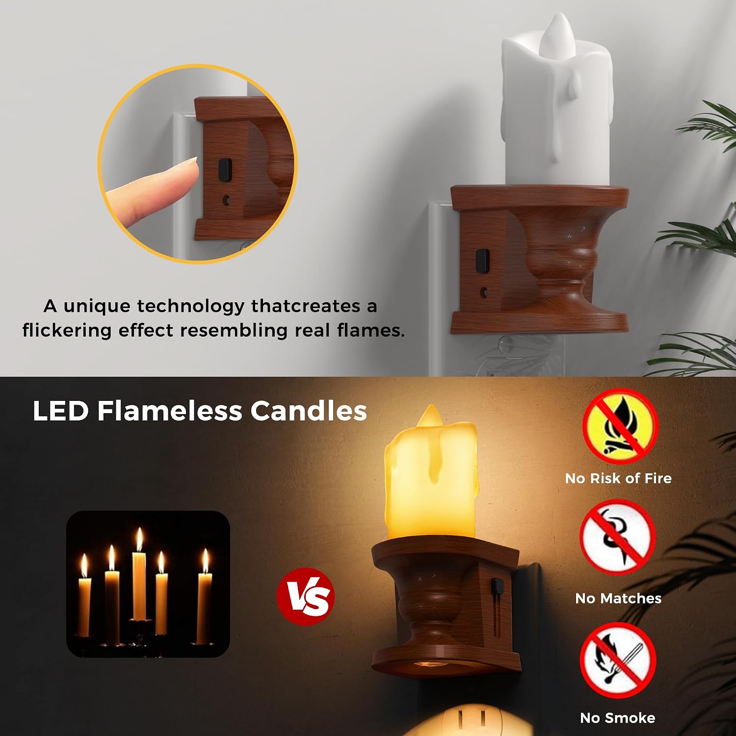 L LOHAS LED Night Light,[2-Pack] Flameless Candle Night Light with 3 Lighting Model, Dusk to Dawn Sensor,Brightness Adjustable,3000K Soft White,Vintage Nightlight for Middle Age Decor