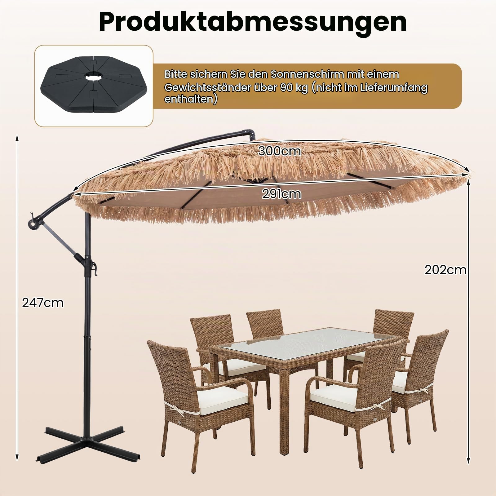 COSTWAY Sonnenschirm Hawaii 300 cm, Ampelschirm mit Kurbel | Strohschirm aus PE-Stroh, Gartenschirm, Terrassenschirm für Garten, Terrasse