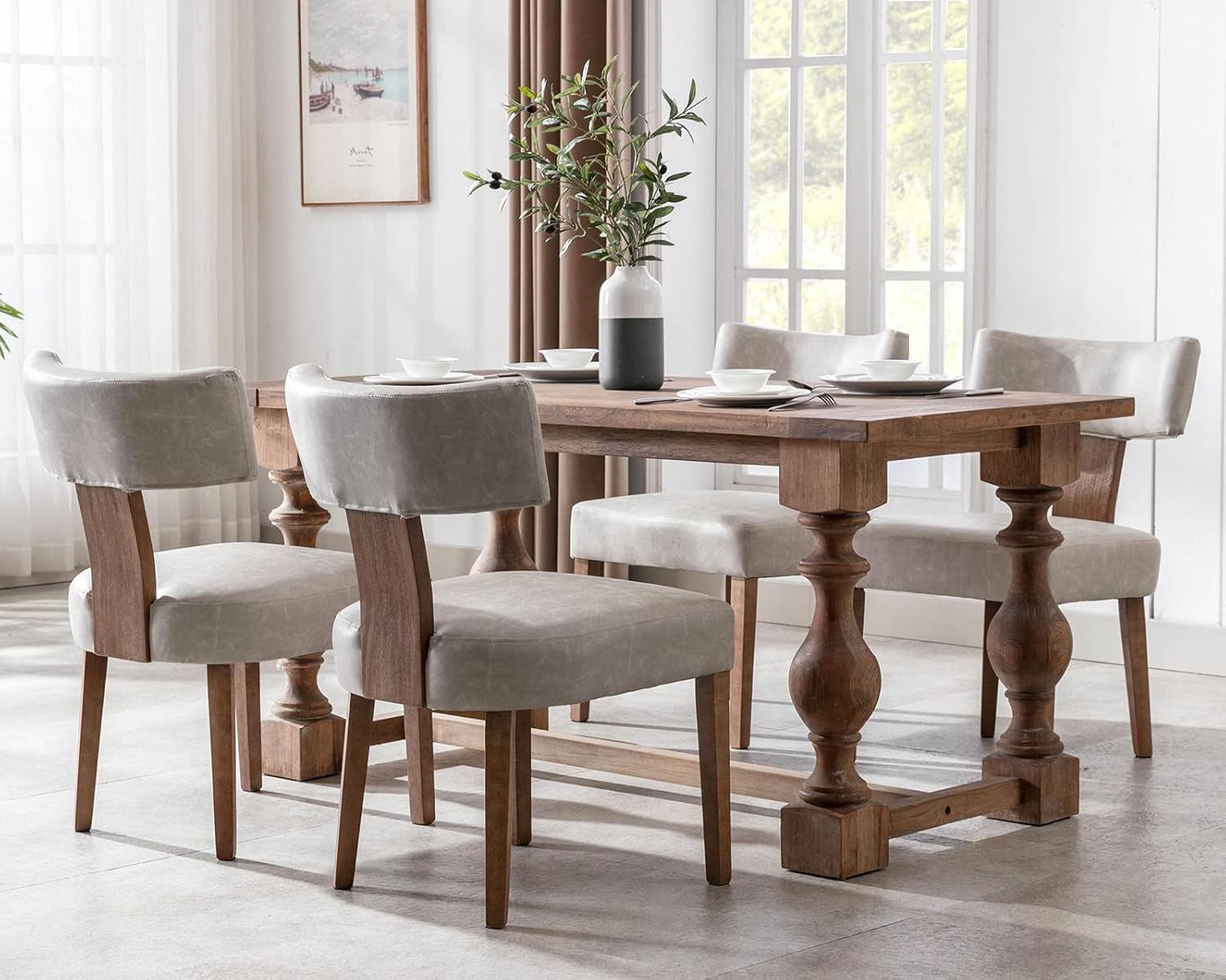 Gray Faux Leather Upholstered Dining Chairs with Wood Legs, Set of 2