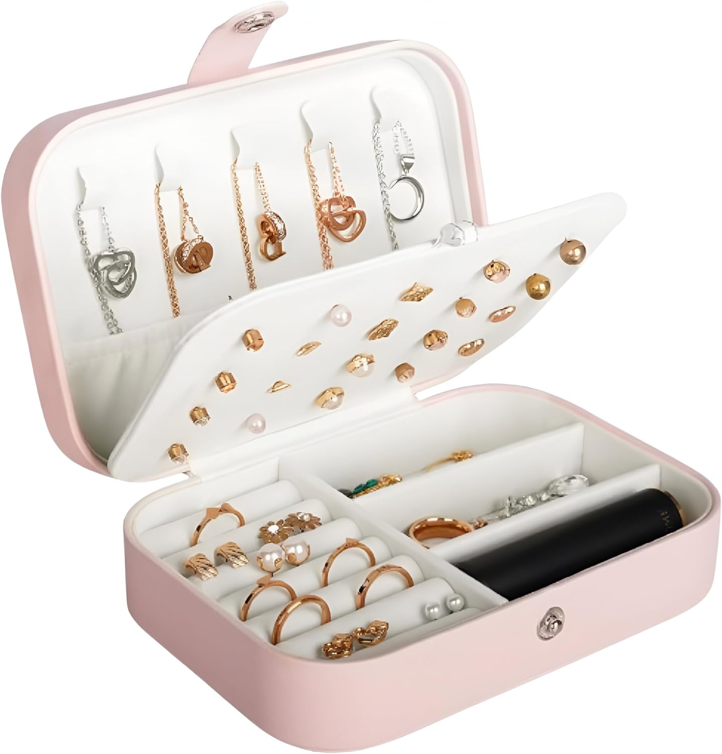 Portable PU Leather Travel Jewelry Box, Small Organizer for Rings, Necklaces, Earrings, Pink