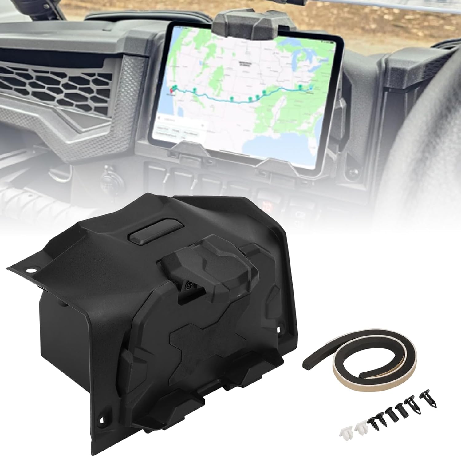 RZR Tablet & GPS Mount with Storage Box, Anti-Vibration Rattle-Reducing Design, Tool-Free Installation, Compatible with 2019–2023 Polaris RZR XP 1000 / XP Turbo, 2.7L HDPE Device Holder