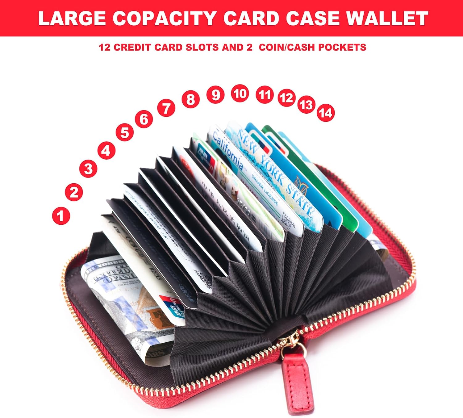 RFID Blocking Card Cases Holder, Handcraft Genuine Leather Slim Minimalist Front Pocket Wallet with ID Window, 3D Cat Printed Credit Card Holder for women (Red)