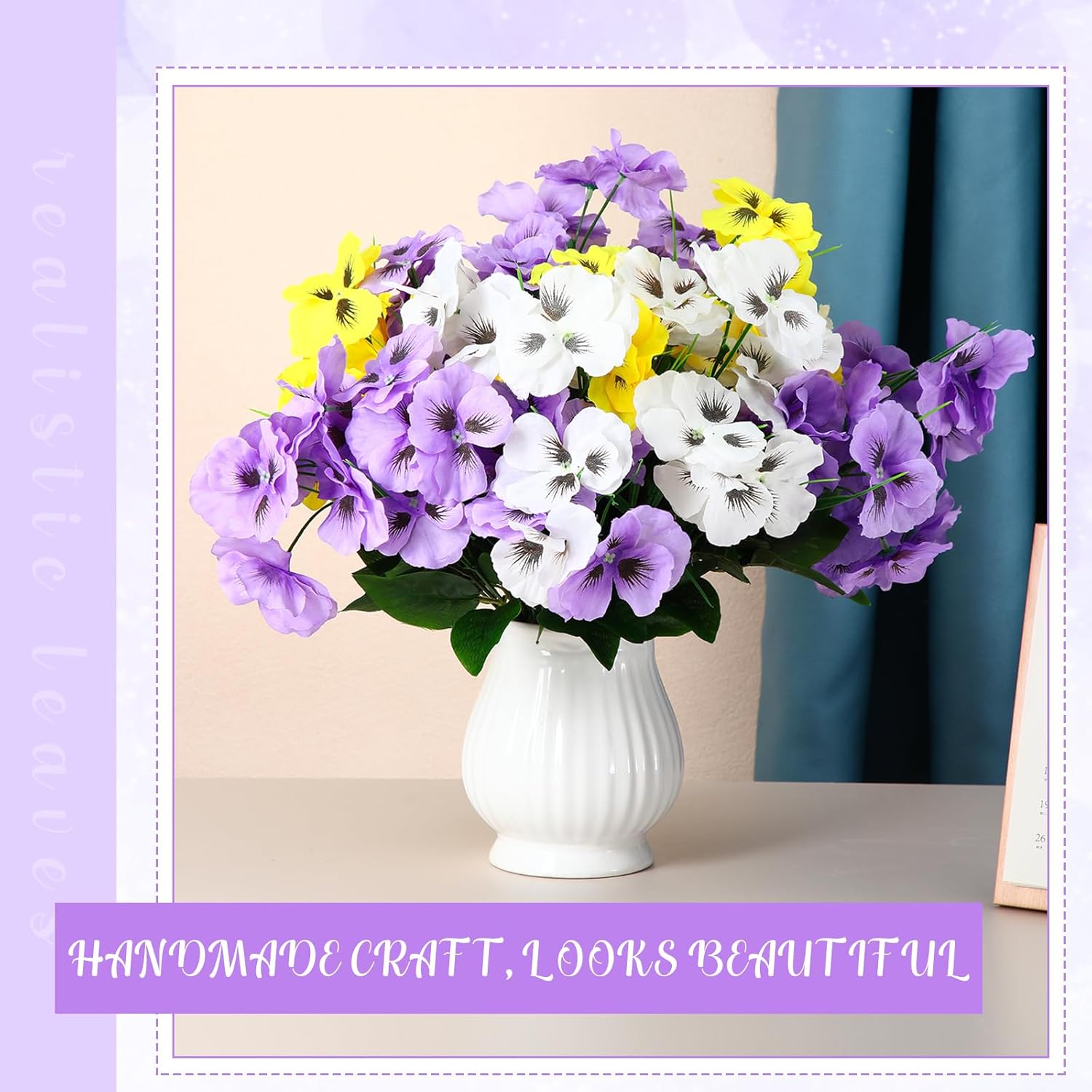 Zeyune 50 Bundles Artificial Pansies Flowers Outdoor Faux Silk Pansy Bulk UV Resistant Fake Plants for Spring Summer Home Garden Patio Porch Front Door Yard Decoration