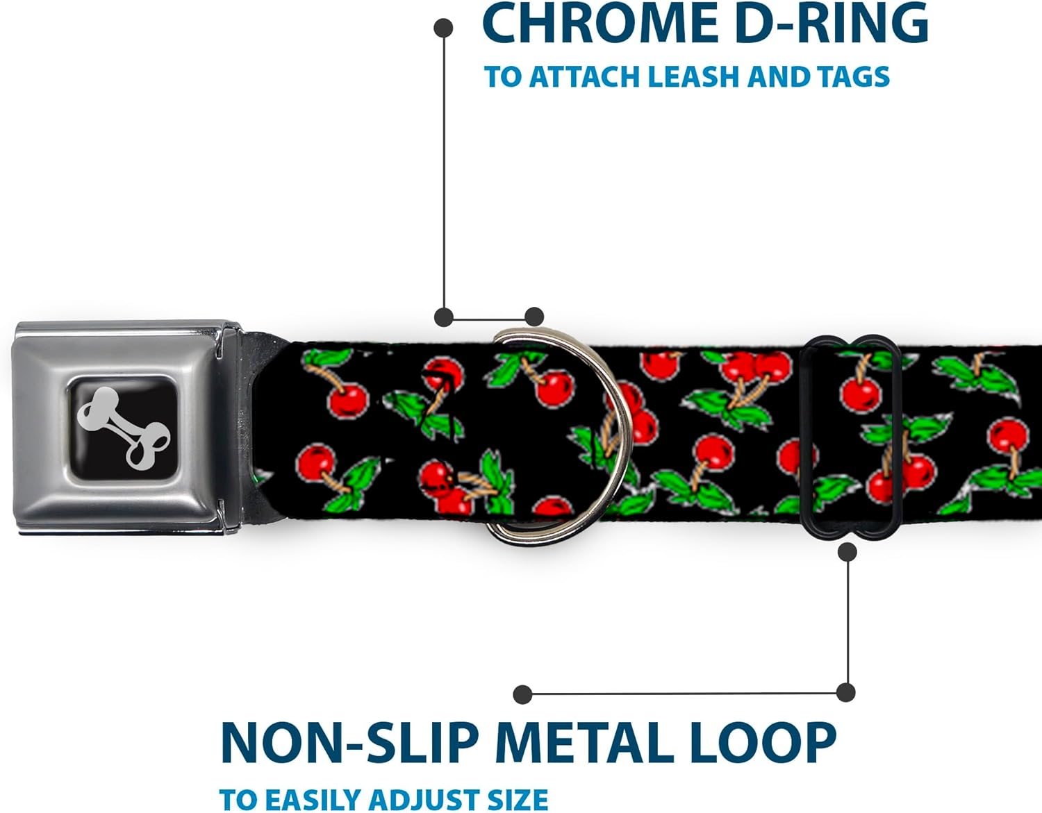 Buckle-Down 9-15" Cherries Scattered Black Dog Collar Bone, Small