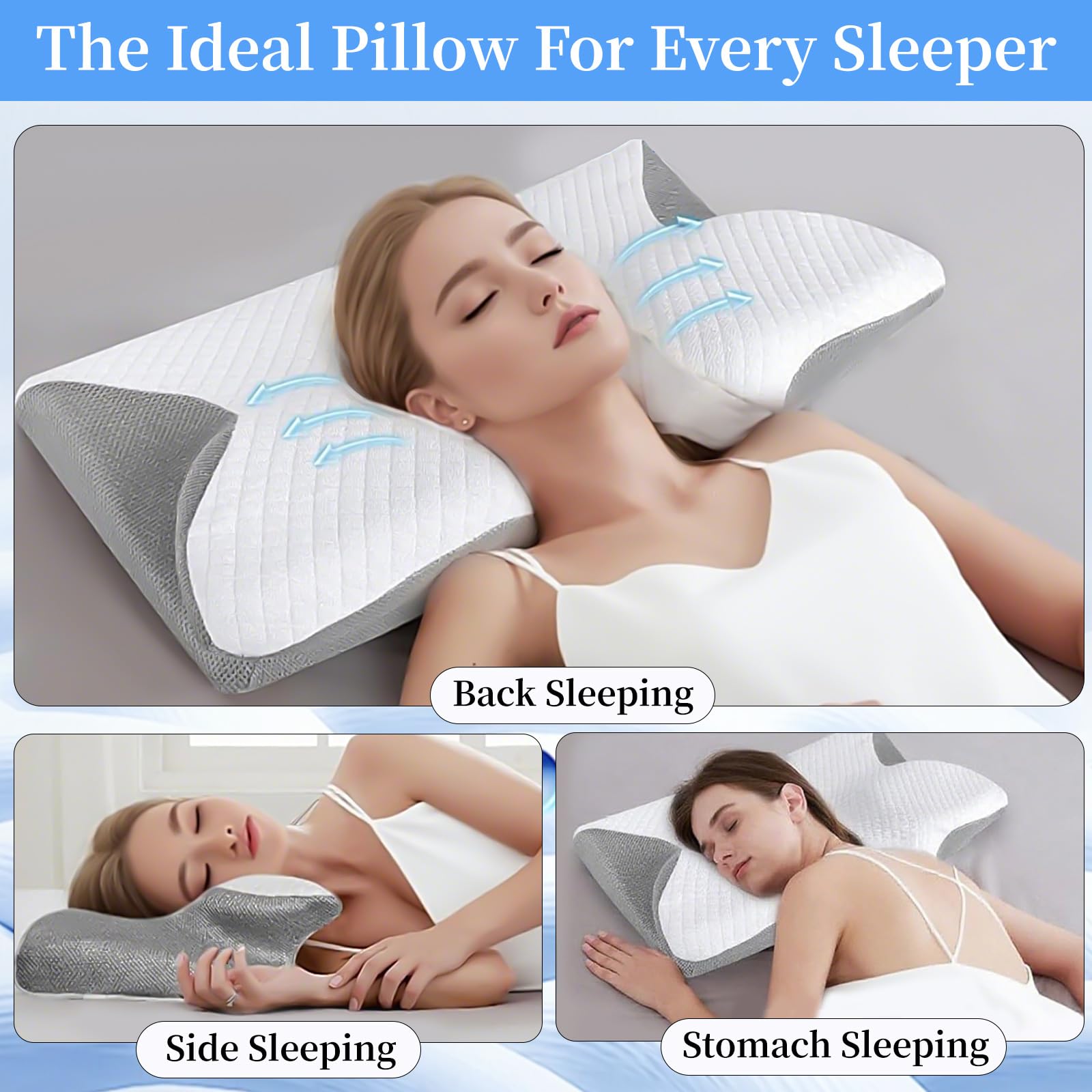 AsBellt Cervical Neck Pillow, Ergonomic Memory Foam Pillows for Neck Pain Relief with Removable Pillowcase, Contour Neck Support Pillow for Side, Back & Stomach Sleepers(White) — view 4