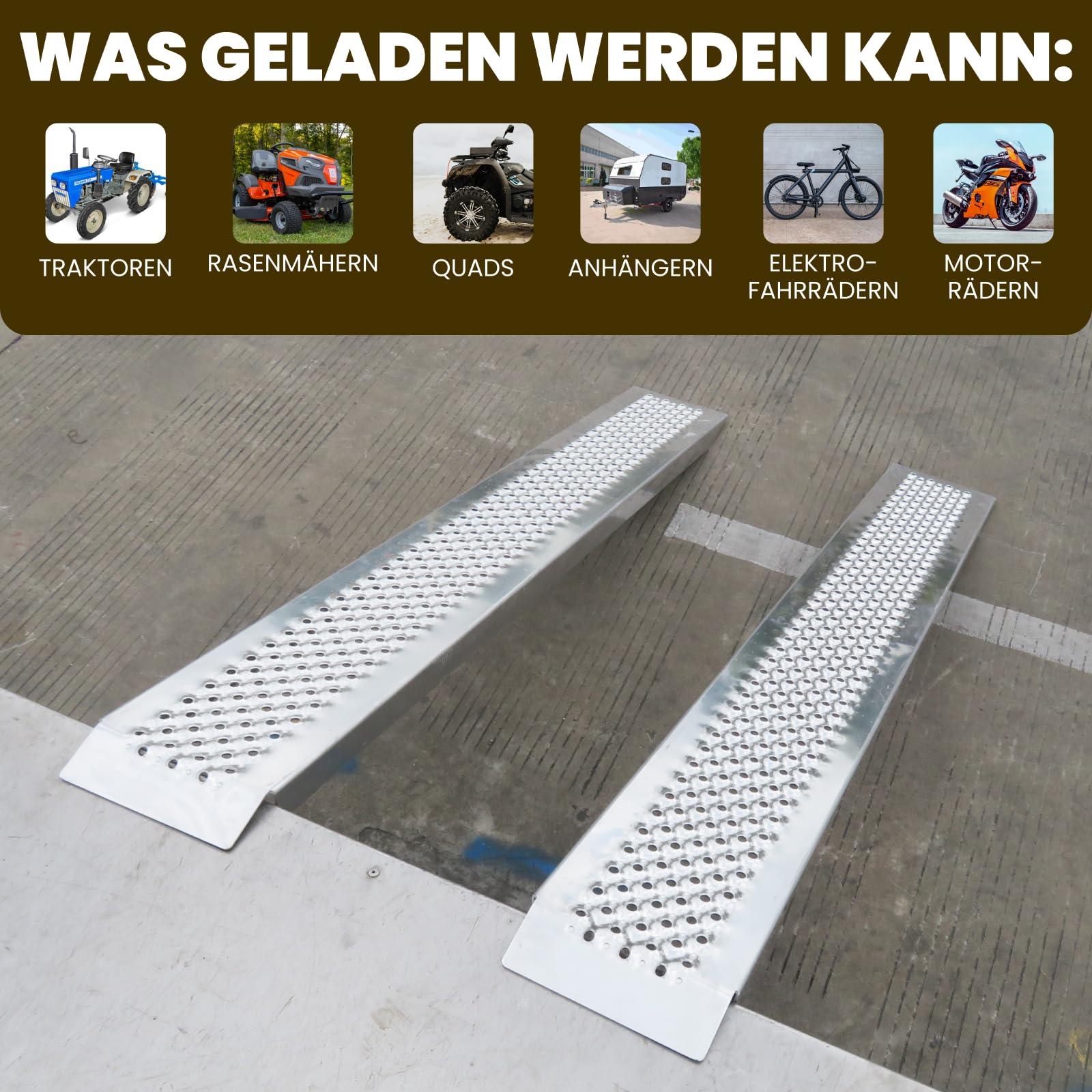 Schwerlastrampen (2 Stück) Auffahrrampen Auffahrschienen Verladerampen Verladeschienen Rasenmäher Motorradanhänger Aluminium LR7H