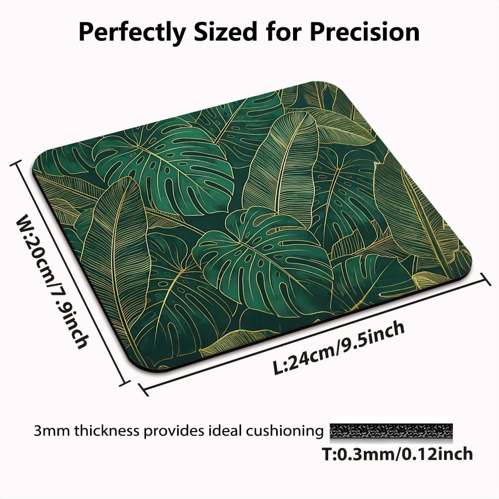 Green Monstera Leaves with Gold Outline Mouse Pad, Tropical Boho Desk Mat image 2
