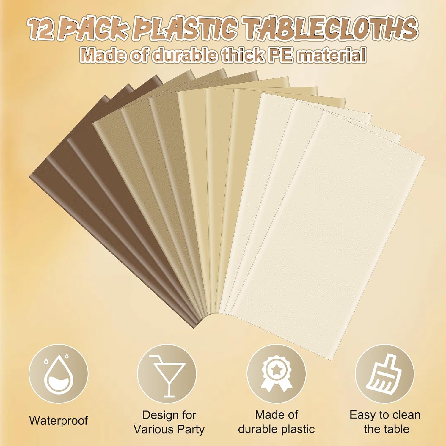 12Pcs Brown Plastic Disposable Tablecloths,4 Gradient Brown Colors Rectangle Table Cover Waterproof Table Cloth for Fall Thanksgiving Birthdays Weddings Parties Decorations,54 x 108 Inch