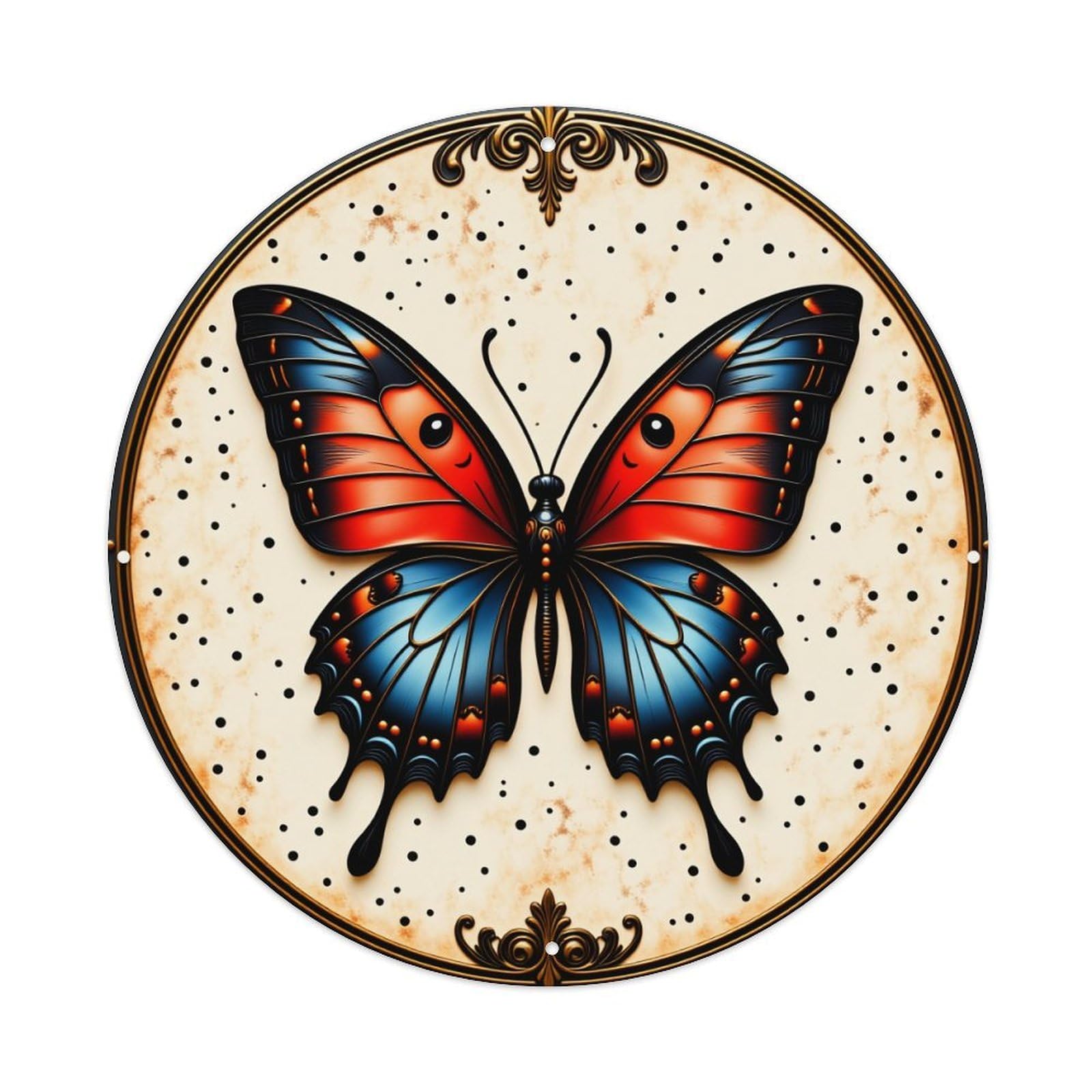 Butterfly Pattern With Red And Blue Wings Vintage Metal Tin Sign Retro Wall Decor for Home Bar Garage Cafe, Indoor & Outdoor Decorative，circle Metal Poster, 8x8 Inch