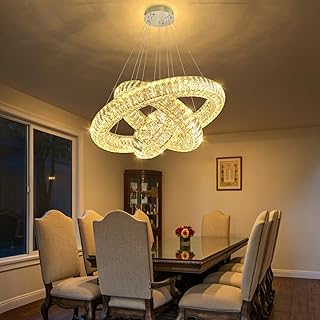 3 Ring Modern Crystal Chandelier Dimmable Ring Pendant Light Round Crystal High Ceiling Chandeliers for Living Room Dining Room Bedroom Silver