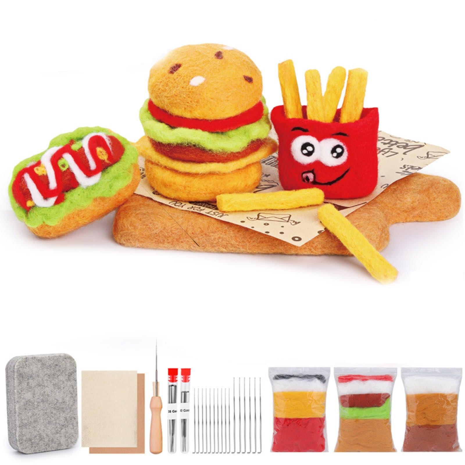 Juego de Lana de Fieltro, paquete de 3 herramientas de fieltro de lana de comida rápida, kit de inicio de fieltro con aguja que incluye herramientas básicas de fieltro con aguja, instrucciones