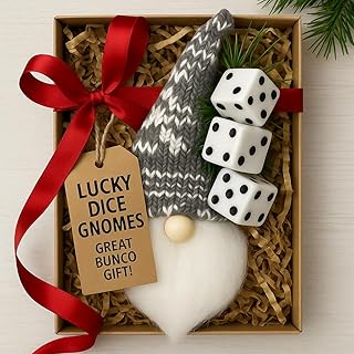 1 Bunco Dice Gnome Ornaments – Assortment of Red, Green, Gray & Blue – Christmas Decor with Greenery and White Dice Accents for Bunco Lovers, Casino Fans & Holiday Gamblers