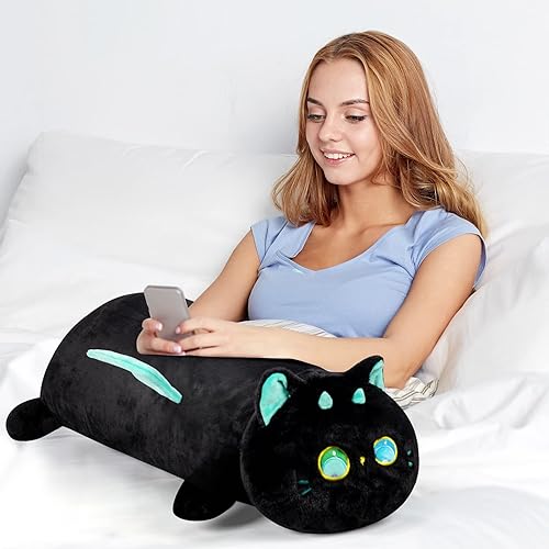 Miniatura 5 de Almohada larga de felpa con forma de gato  35 pulgadas de ojos grandes de gato negro, almohada esponjosa de animales de peluche, bonita almohada de