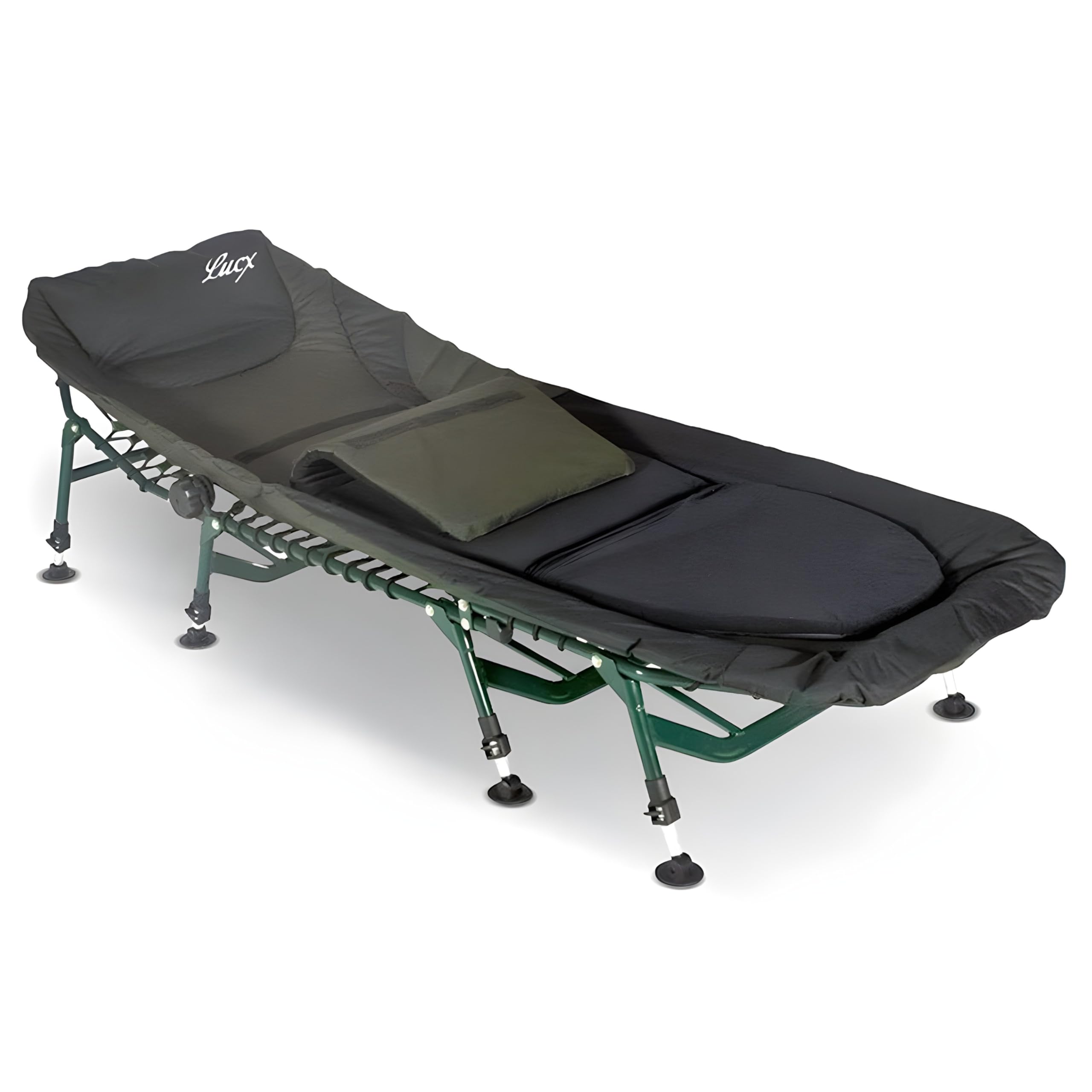 Lucx Komfort Bedchair - 8-Bein Angelliege mit Matratze & Thermobezug - stabile, höhenverstellbare Karpfenliege 210x85 cm - Gartenliege & Campingliege inkl. Kopfkissen