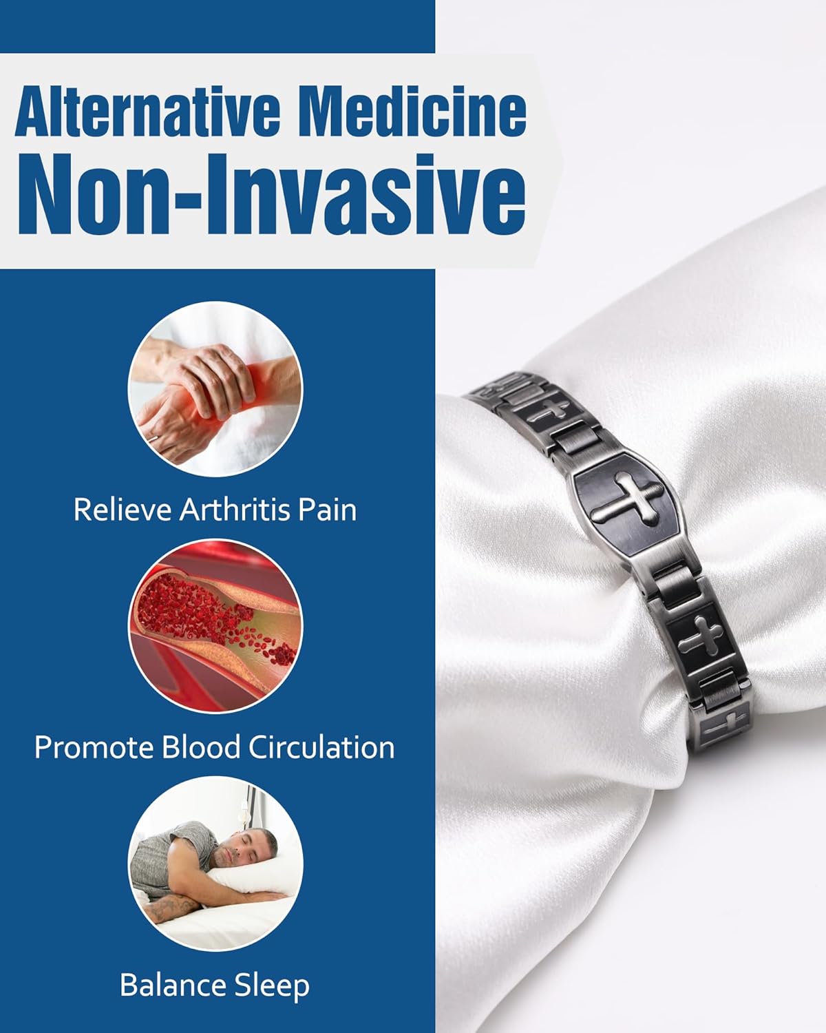 Jecanori Magnetic Bracelets for Men - Titanium Steel Cross Design, Adjustable Length with Sizing Tool, Hypoallergenic, Corrosion-Resistant,Grey - Image 3