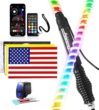 Tavaray 1PC 4FT COB LED Whip Light, Lighted Antenna Whips with Spring Base Remote & App Control Chasing Lights for UTV ATV RZR SXS Can-Am Polaris 4 Wheels Dune Buggy Truck