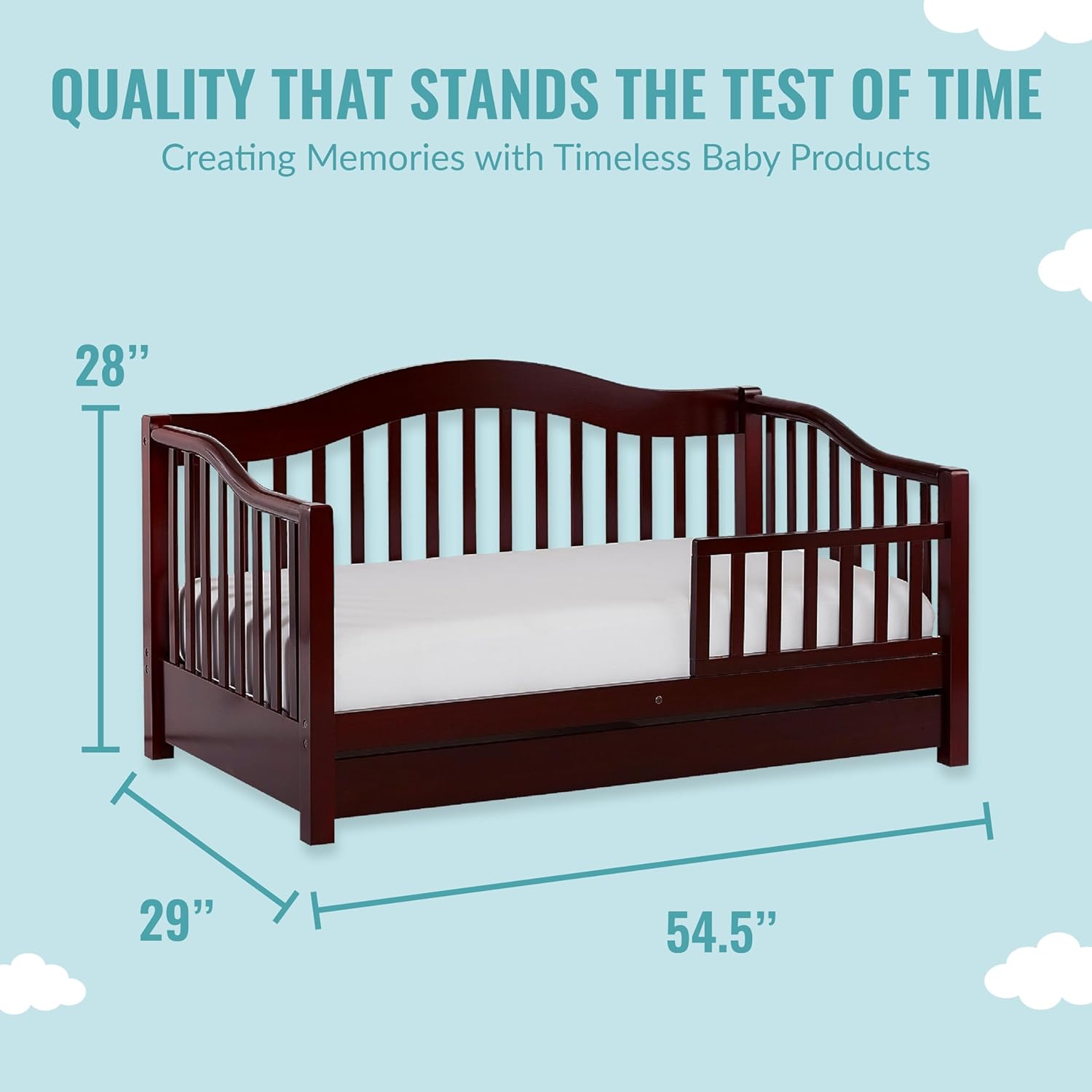 Diagram showing the dimensions of the Dream On Me Toddler Day Bed: 54.5 inches long, 29 inches wide, and 28 inches high.