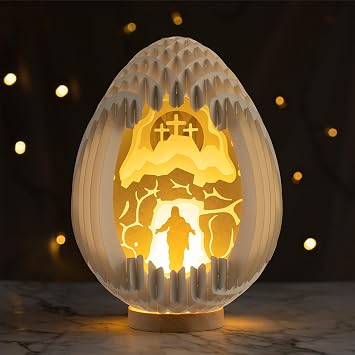 Lighted Easter Egg Centerpieces for Tables Indoor, Resurrection Scene, Paper Easter Decoration for Tabletop, Mantel, Religious Christian Cross Decor, Rabbit Home Decor He is Risen