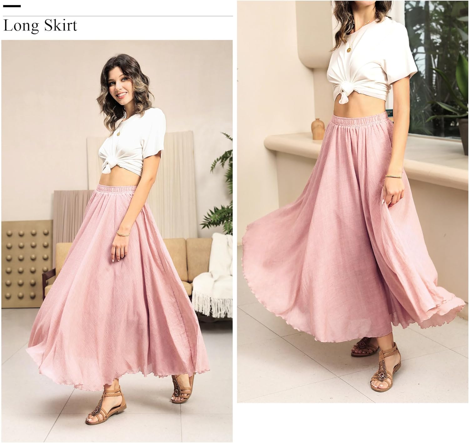 Ezcosplay Women Bohemian Beach A-Line Dress Double Layer Elastic Waist Long Maxi Skirt - Image 7
