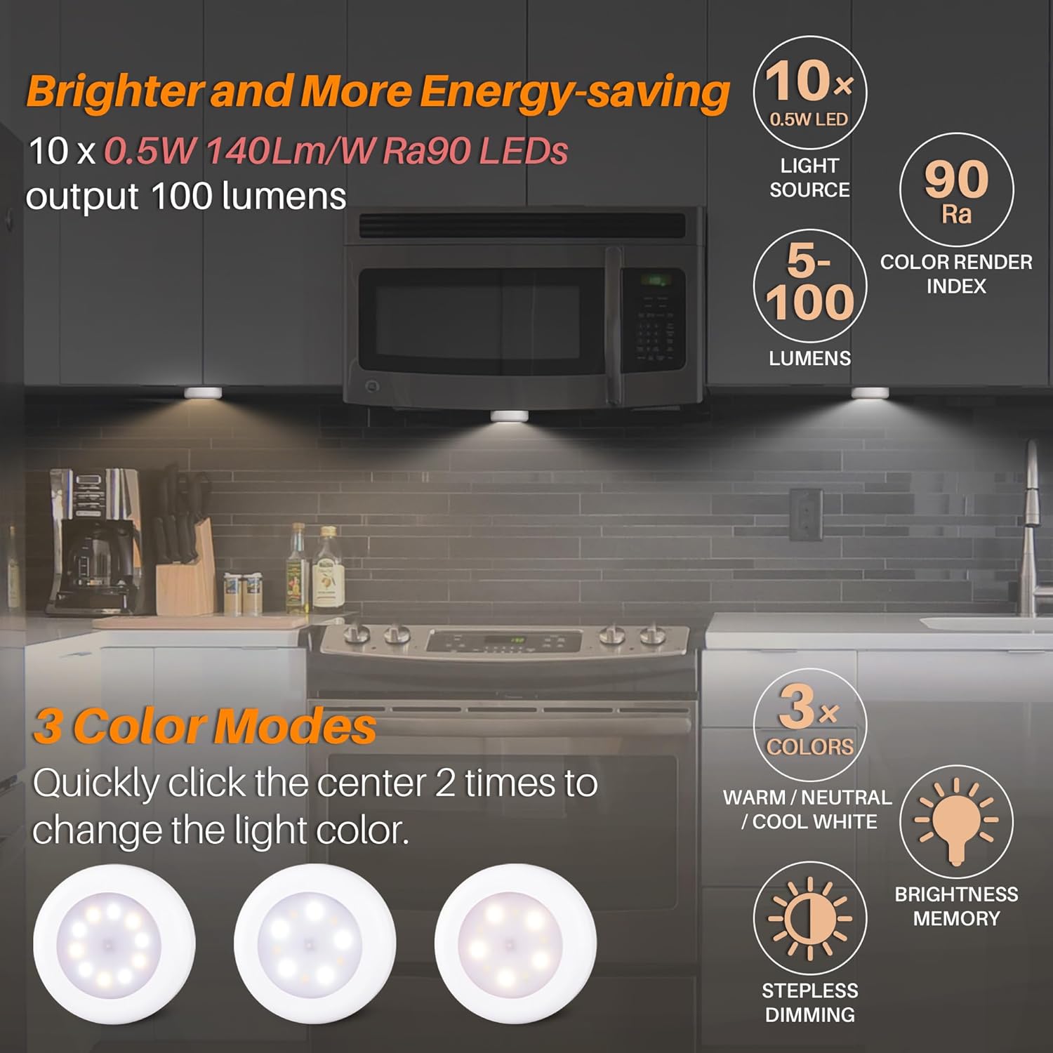 STAR-SPANGLED 4 Pack 3.1” Dimmable Push Tap Lights, Stick on LED Touch Puck Lights AA Battery Operated, 3 Color Modes Sticky Button Lamps for Classroom, Kitchen, Under Cabinet, Closet