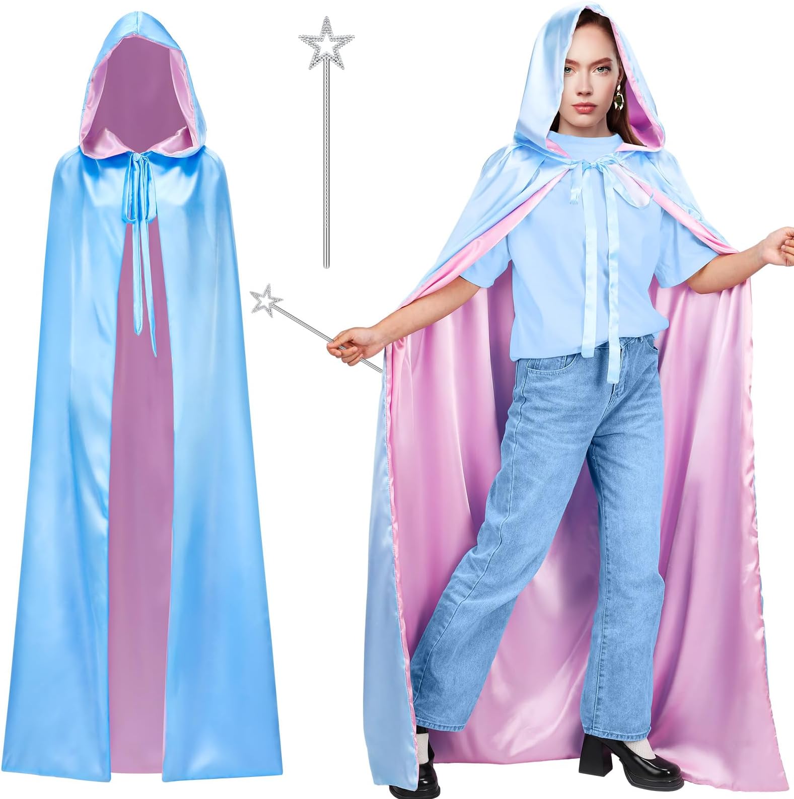 Velmitten 3 Pcs Halloween Light Blue Hooded Cape Cloak with Star Wand Stick and Pink Bow Tie for Party Fairy Cosplay Costume