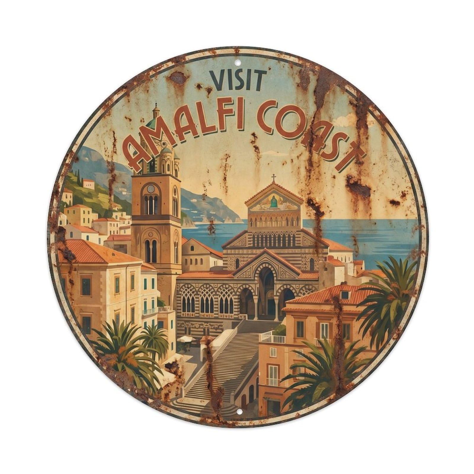 Amalfi Cathedral Historic Landmark Tourism Classic Destination Metal Tin Sign Plaque Wall Decor for Cafe, Man Cave, Club Bar, Office, Home Garden Round Metal Poster 8x8Inch