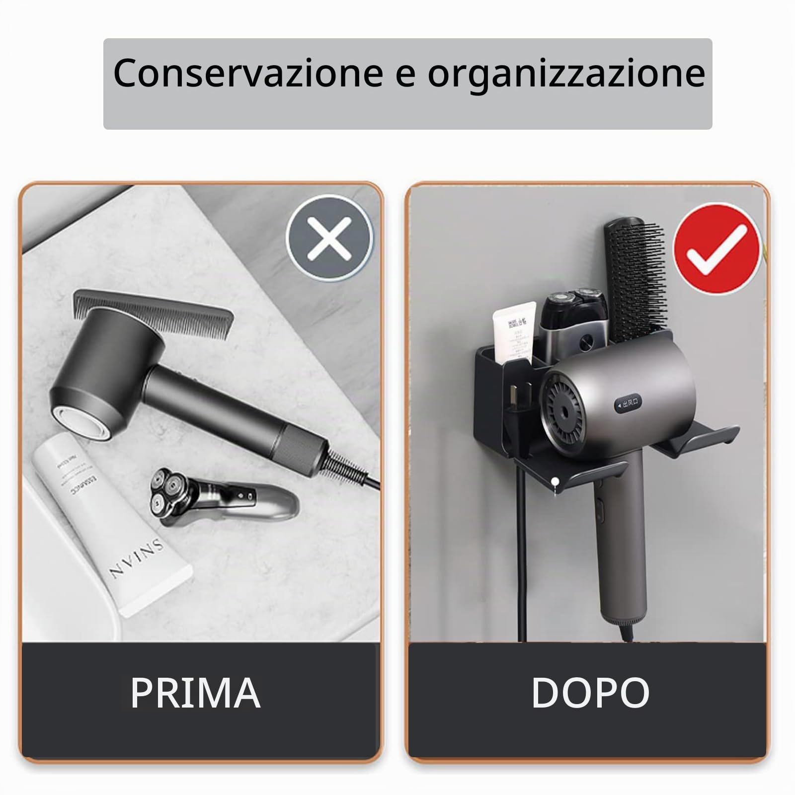 Supporto per Asciugacapelli Senza Forare Porta Asciugacapelli da Parete | Supporto Organizzatore per Asciugacapelli Senza Foratura, Autoadesivo Adatto per Hotel, Bagni, Barbieri (Nero)