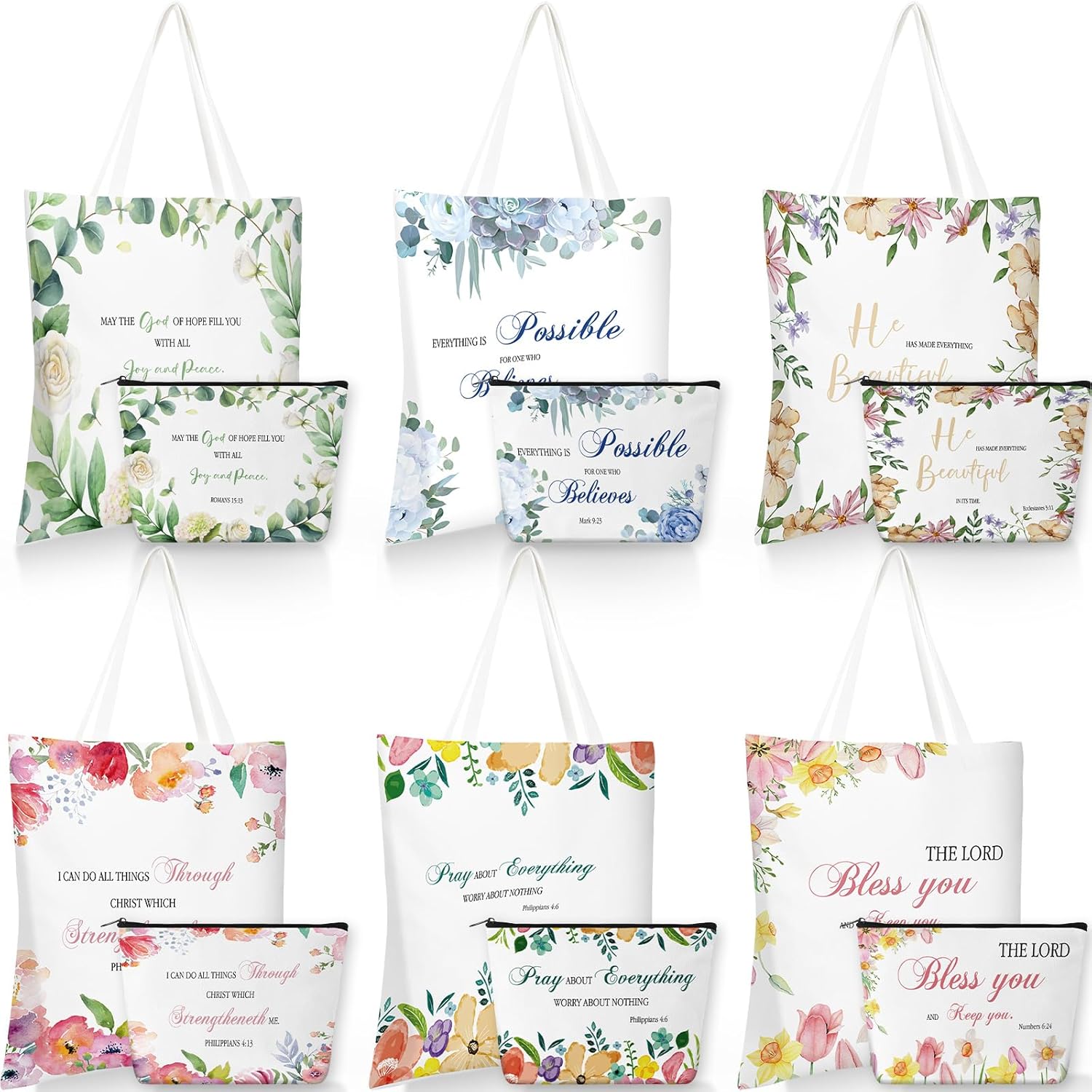 Aliceset 12 Pcs Christian Gift for Women Including 6 Bible Verse Tote Bags 6 Inspirational Makeup Bags with Zipper Religious Motivational Christian Gifts for Coworkers Church(White,Colorful)