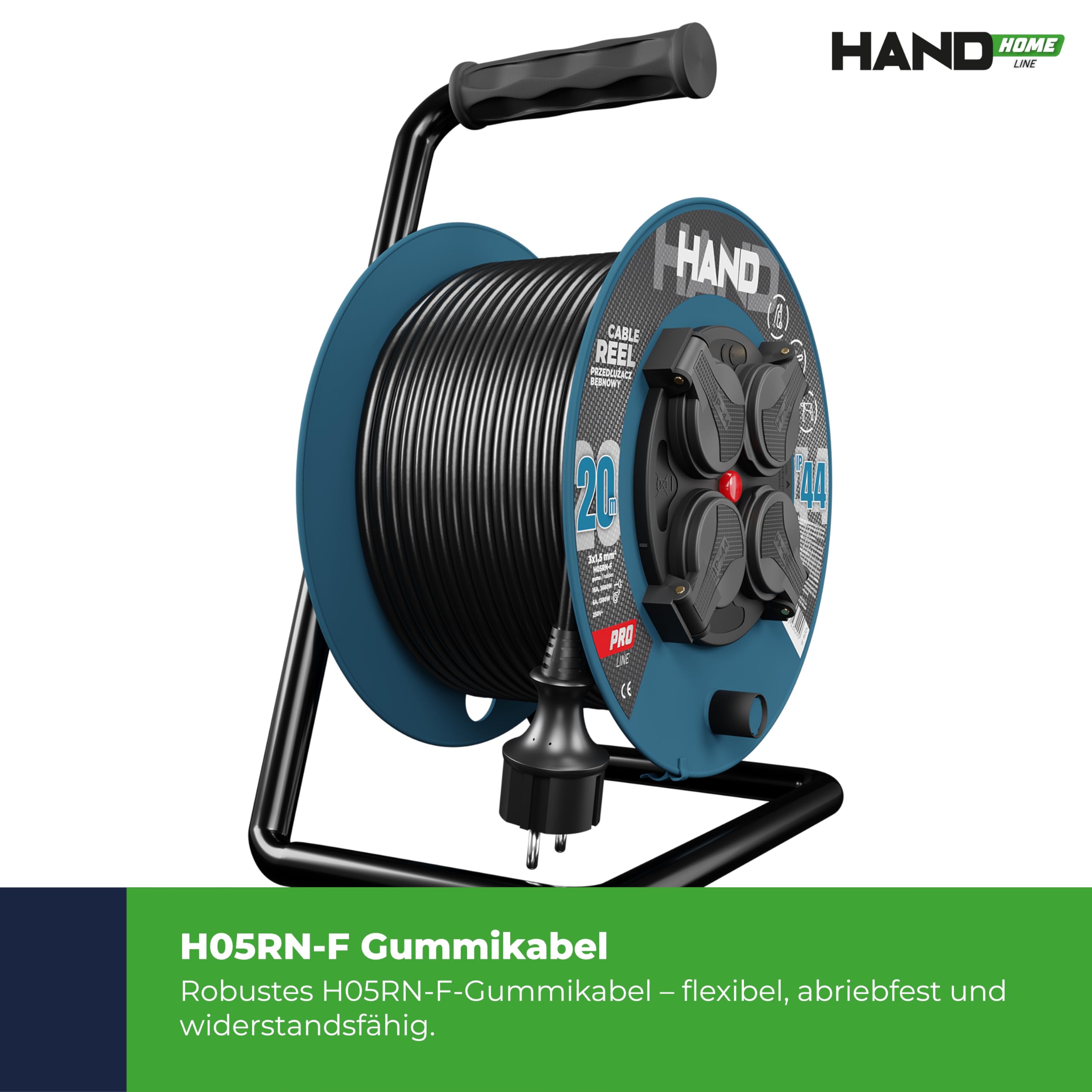 HAND HAND PRO - Carrete de cable (20 m, IP44, H05RN-F, 3 x 1,5, cable de goma para exteriores), color negro