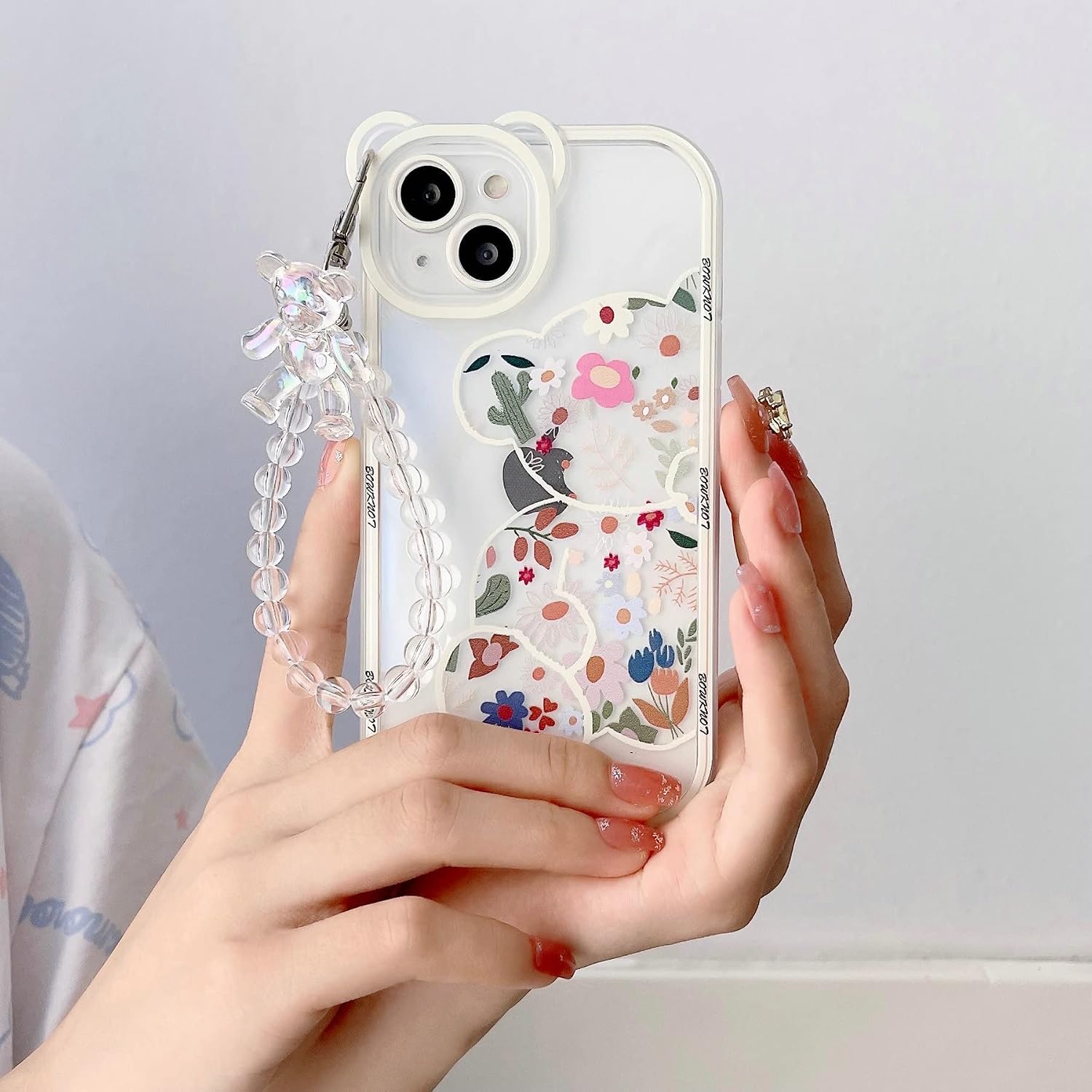 Shinymore Compatible with iPhone 13 Case, Cute Flowers Bear Camera Protector Clear Case with Lovely Strap Bracelet Chain Girls Women Case for iPhone 13