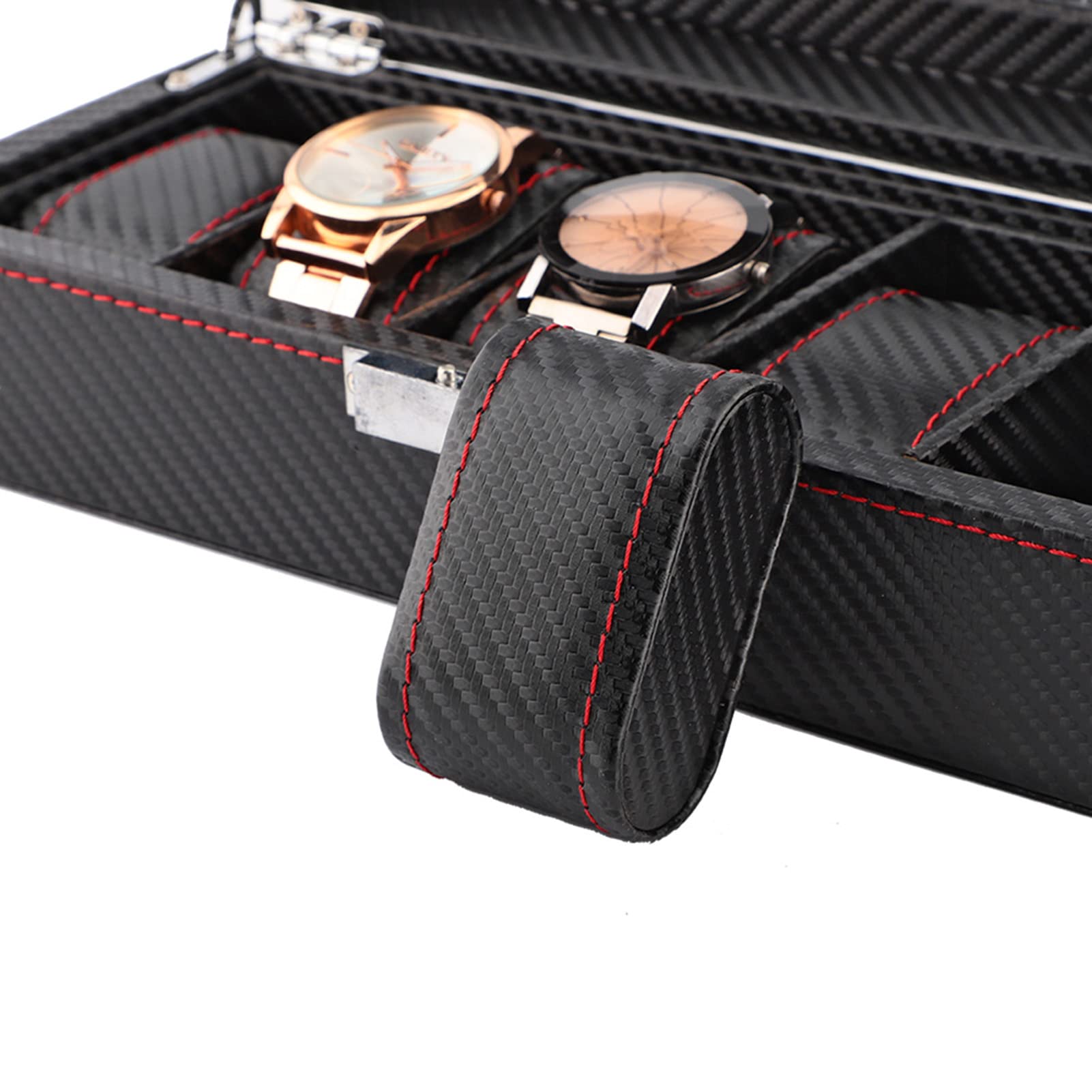 Caja para relojes de 5 compartimentos, estuche para relojes de fibra de carbono con costuras rojas, organizador de joyería de viaje para hombres y mujeres, almacena 5 relojes de