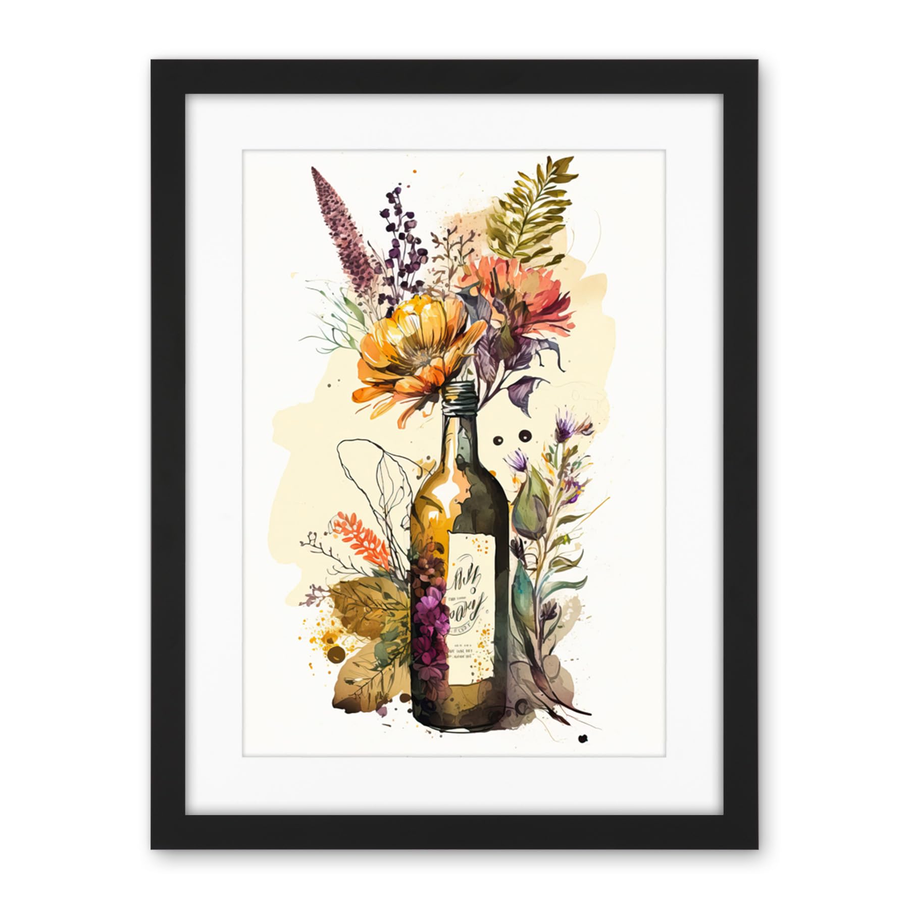 Artery8 Wildflower Bouquet in Upcycled Glass Wine Bottle Artwork Framed Wall Art Print 18X24 Inch