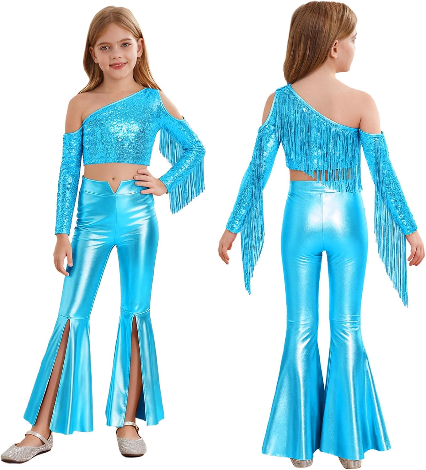 Loyan Girls Retro Disco Dance Clothes Set One Shoulder Crop Top and Bell Bottom 2 Piece Cheerleading Dancewear