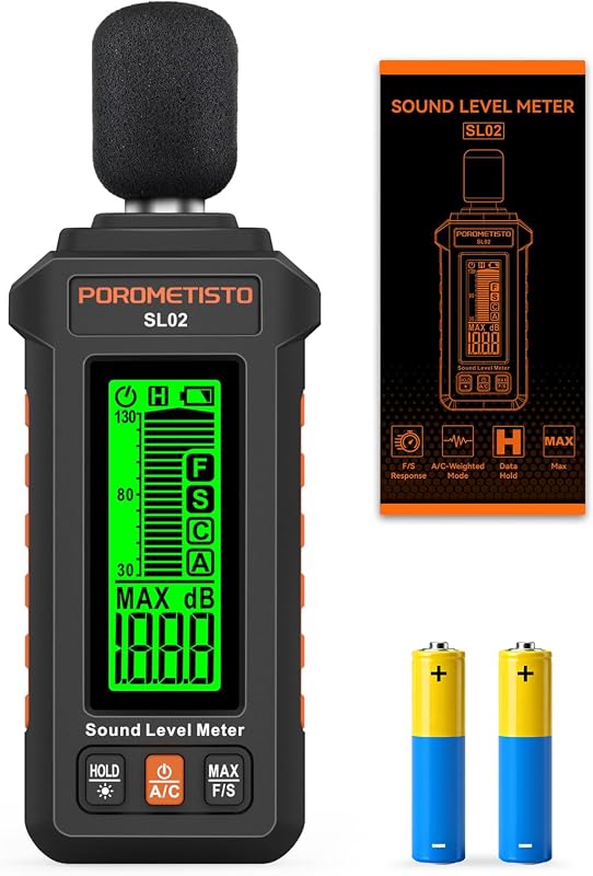 Sonómetro POROMETISTO 30-130dB Pesos A/C, Modos de respuesta F/S | Precisión de ±1,5 dB, retención de datos, valor máximo, recordatorio de batería baja. Probador de SPL para el hogar, la fábrica, la oficina y los vecinos ruidosos