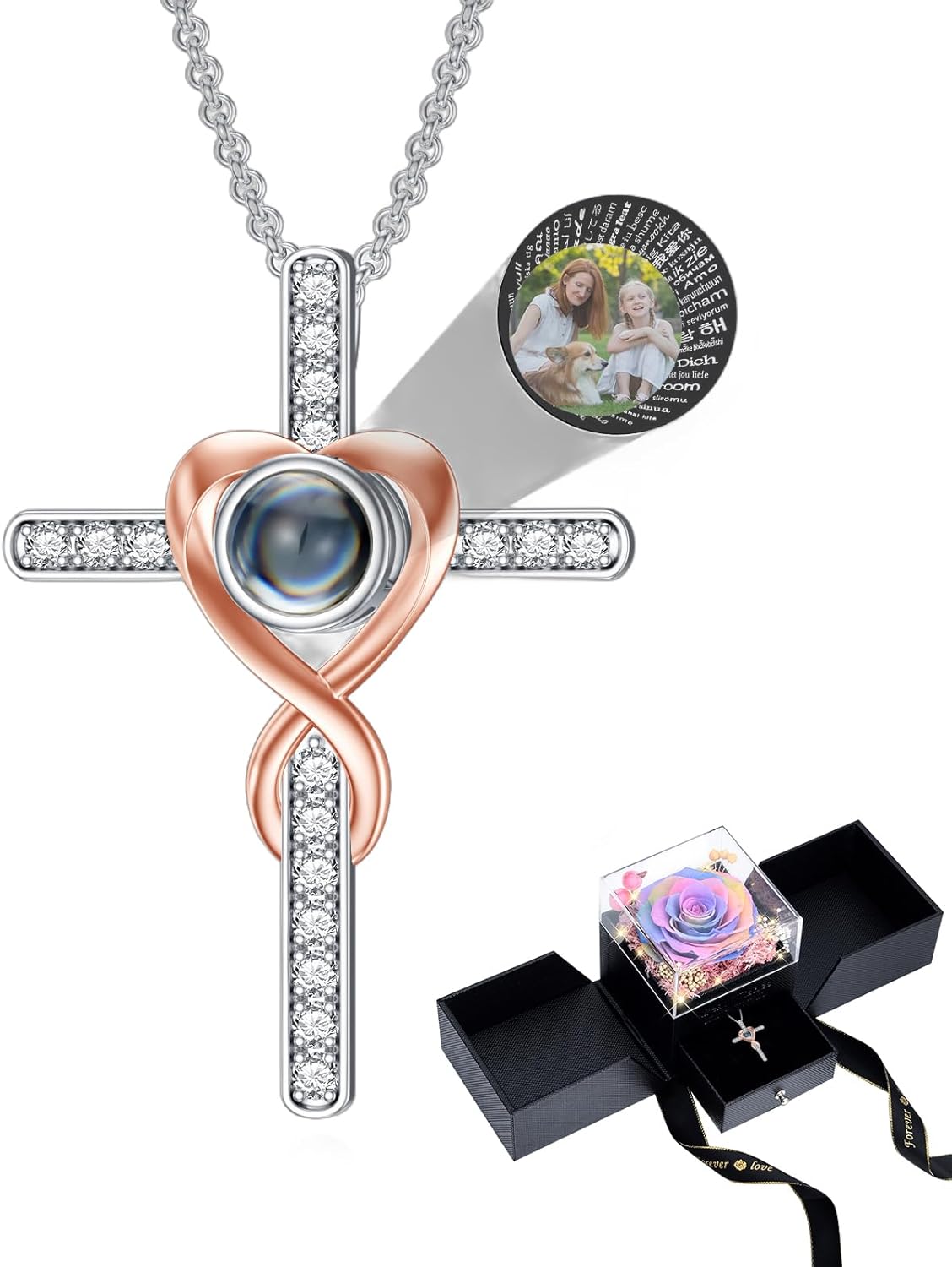 SOULMEET Preserved Real Rose 100 Languages I Love You Projection Necklace Eternal Flowers Rose Projection Necklace Gifts for Her Mom Wife on Christmas Valentine Mothers Day