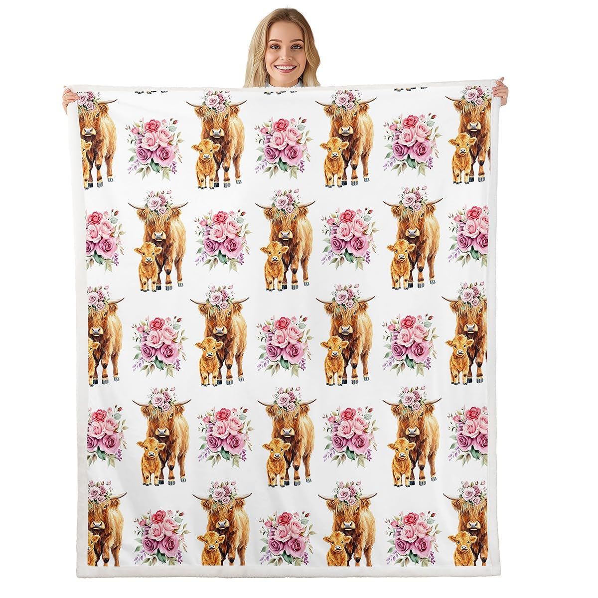 Homemissing Highland Cow Fleece Throw Blanket Queen 90x90Inch Highland Cattle Sherpa Blanket for Bed Sofa Couch Boys Teens Decor Floral Plush Blanket Farmhouse Animals Fuzzy Blanket Bedroom — image 1