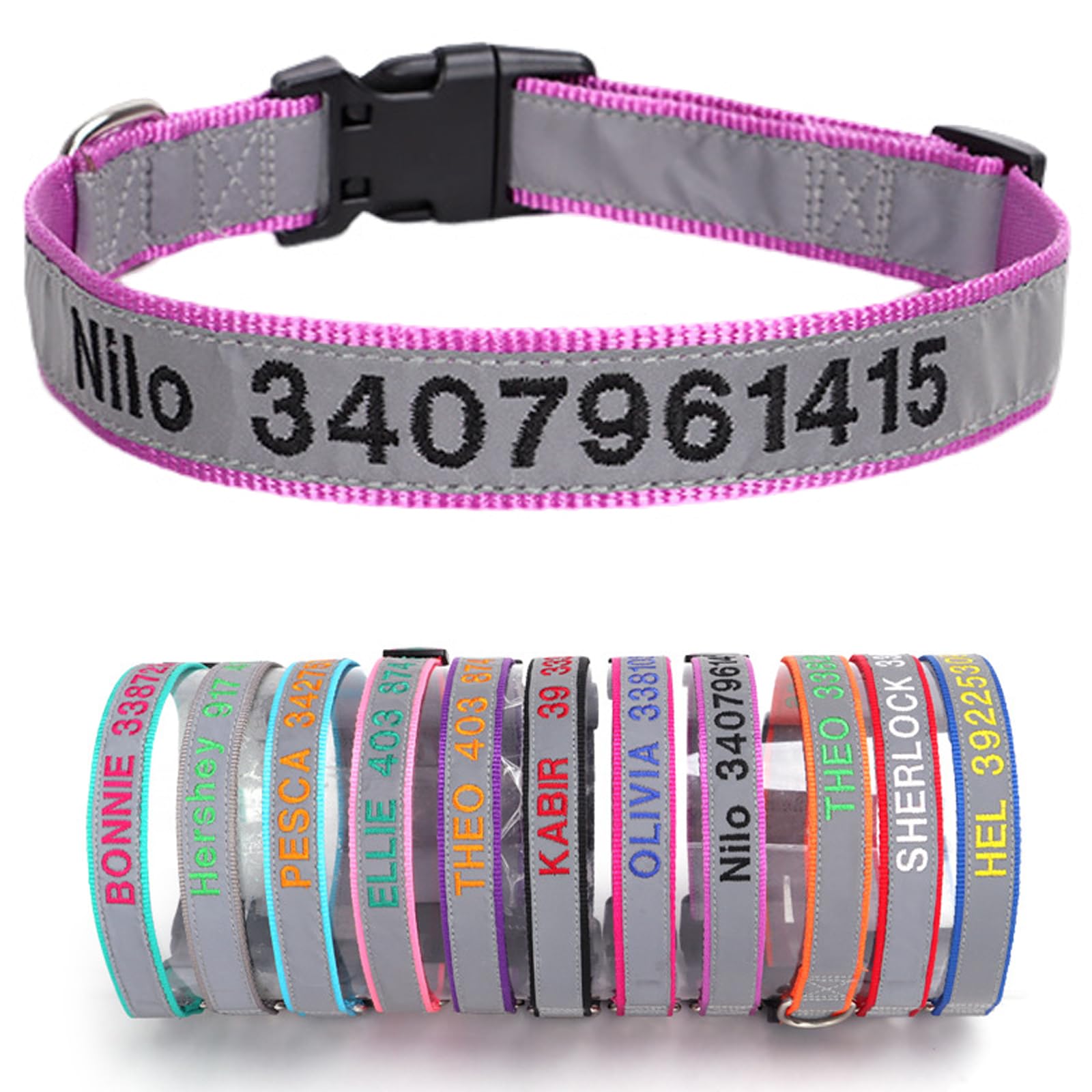 Reflective Personalized Dog Collar Custom Embroidered with Pet Name and Phone Number 4 Adjustable Sizes with Quick Release Buckle for Boy Girl Small Medium Large Dogs