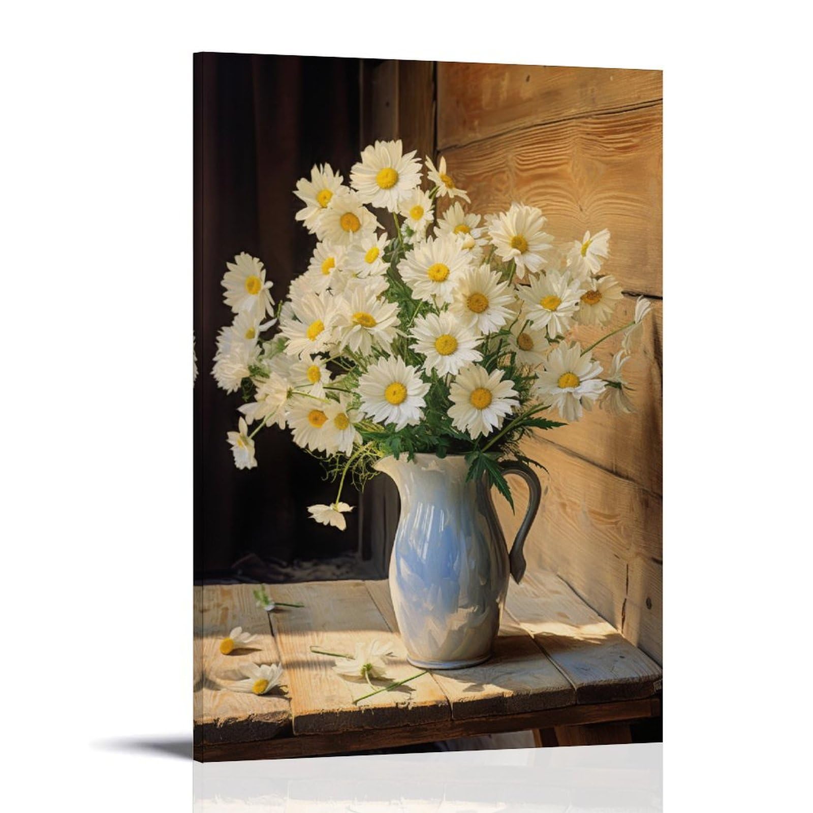 FYFMUSHE Farmhouse Beautiful Flowers Canvas Wall Art Paintings Modern Natural Daisy Vase Pictures on Canvas Prints Framed Ready to Hang Artwork for Bedroom Home Decor 08x12inch(20x30cm)