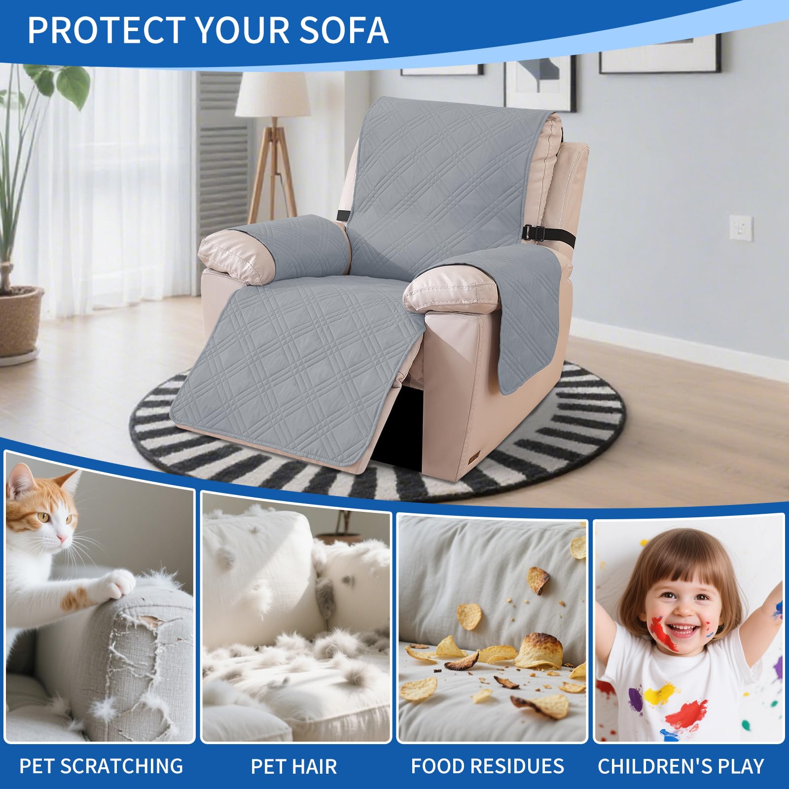 Ystyle Funda Sillon Relax Reclinable, Fundas Sofa Relax Reversible, Funda Butaca Reclinable Antimanchas Antideslizante, Funda Sofa 1 Plaza Gatos Lavable (1 Plaza, Gris Claro + Beige)