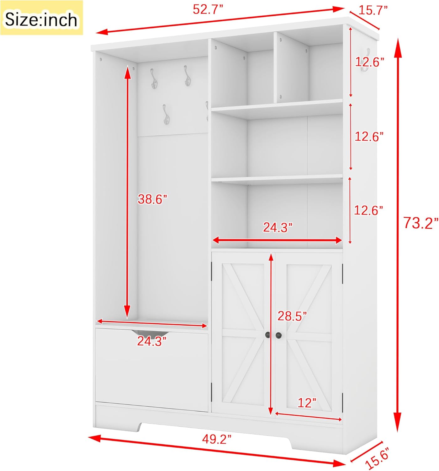 Wide Hall Tree with Storage Bench, Coat Rack with Cabinet and Drawer, Wooden 60 Inch Mudroom Bench with 3 Hooks and Shelves for Mudrooms Organization Entryway Living Room, White