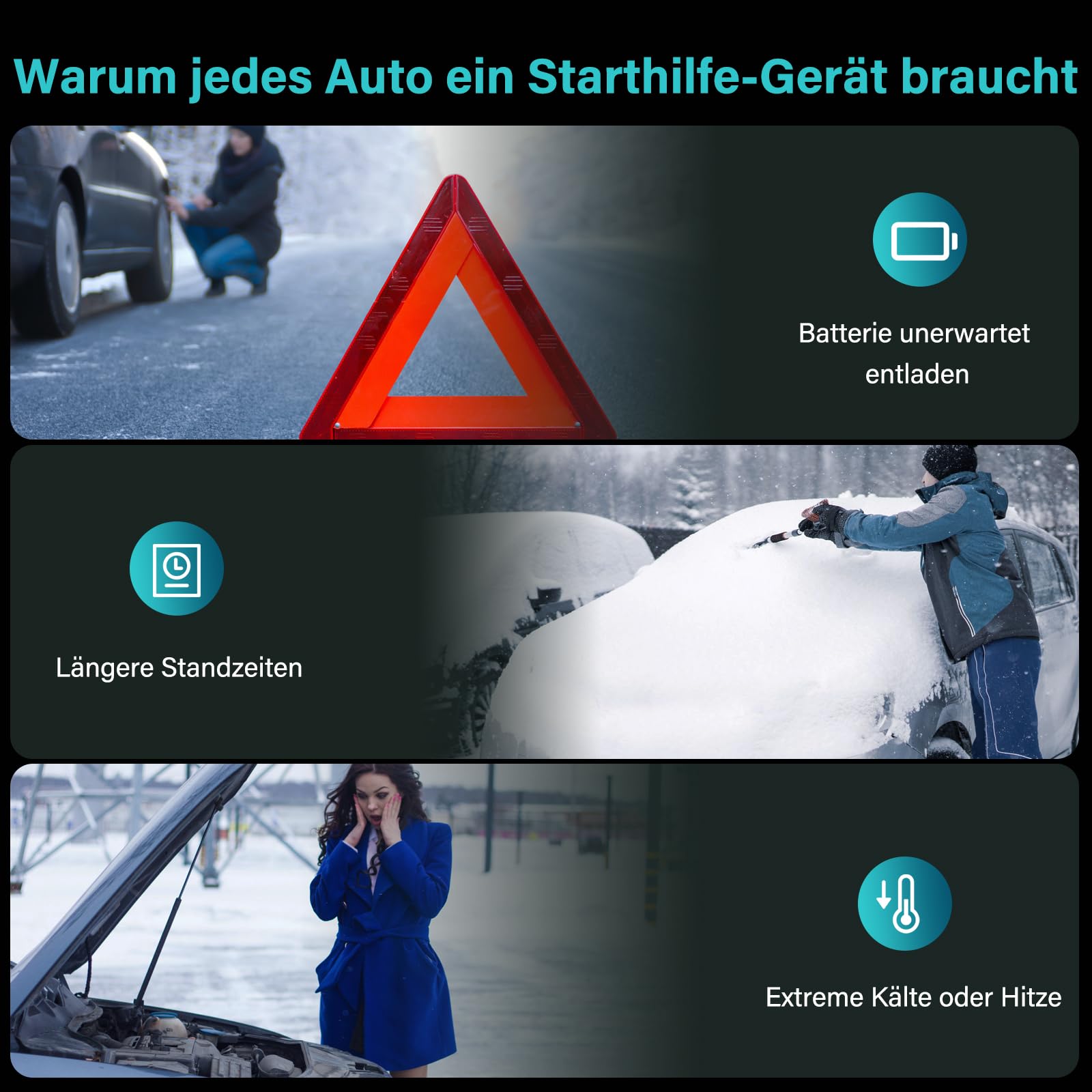 7000A Starthilfe Powerbank für PKW mit 160 PSI Kompressor | 27000 mAh Auto Starthilfe Powerbank für Alle 12V Benzin- & bis zu 8.0L Diesel motoren,4 LED-Lichter,Notfallset für Auto