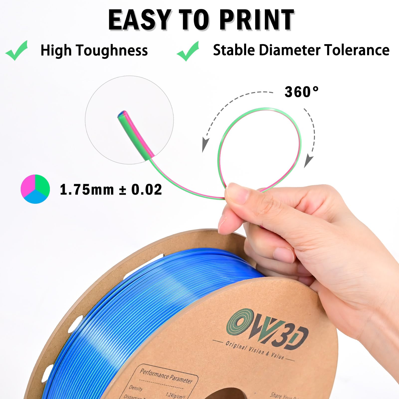 OVV3D Filament PLA 1,75 mm trójkolorowy, filament do drukarki 3D, jedwabny filament PLA, tęczowy filament PLA z jedwabnym PLA, błękitny, różowo-czerwony i zielony, filament do drukowania 3D +/-0,02